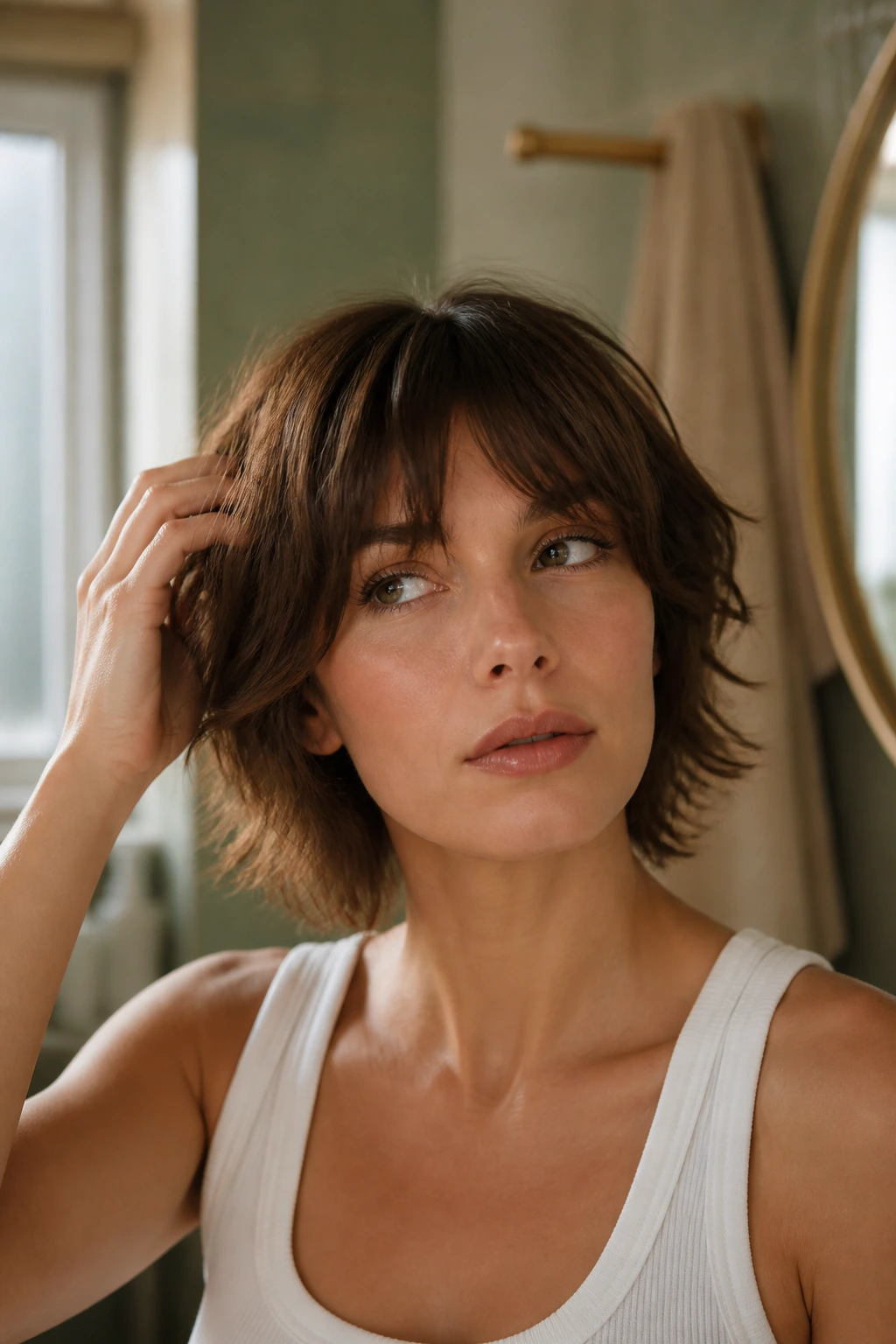 Portrait of real person with curtain bangs in a bathroom setting