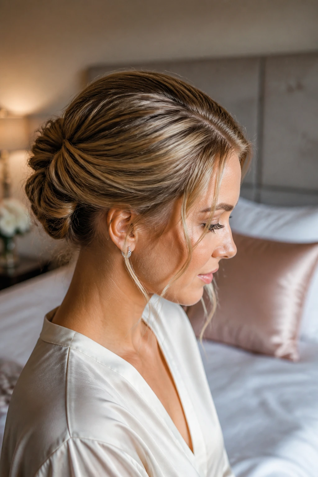 Portrait of a real woman in a bedroom preparing a formal updo with pins in place