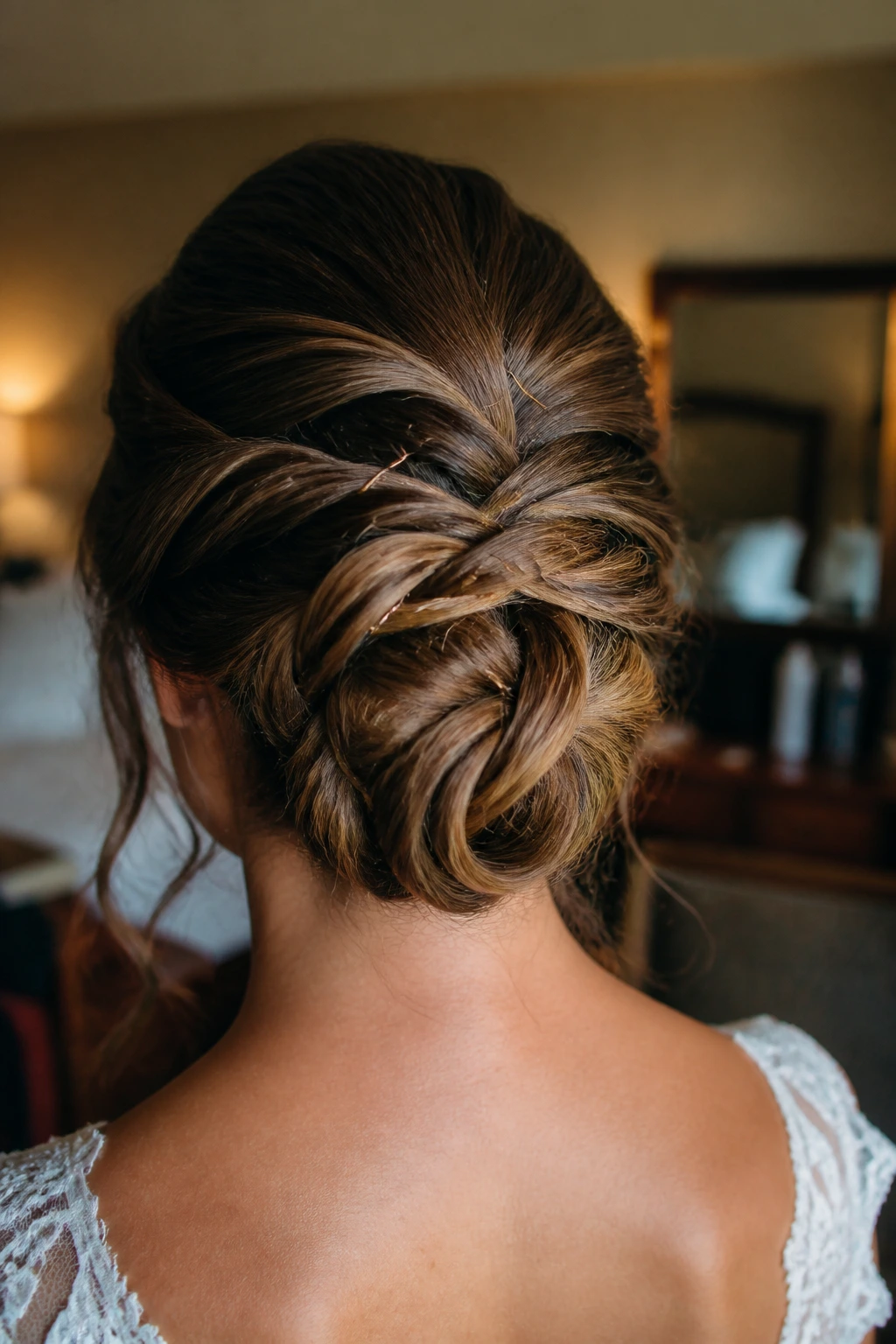 Close-up of a real bride with a prepared updo secured with pins
