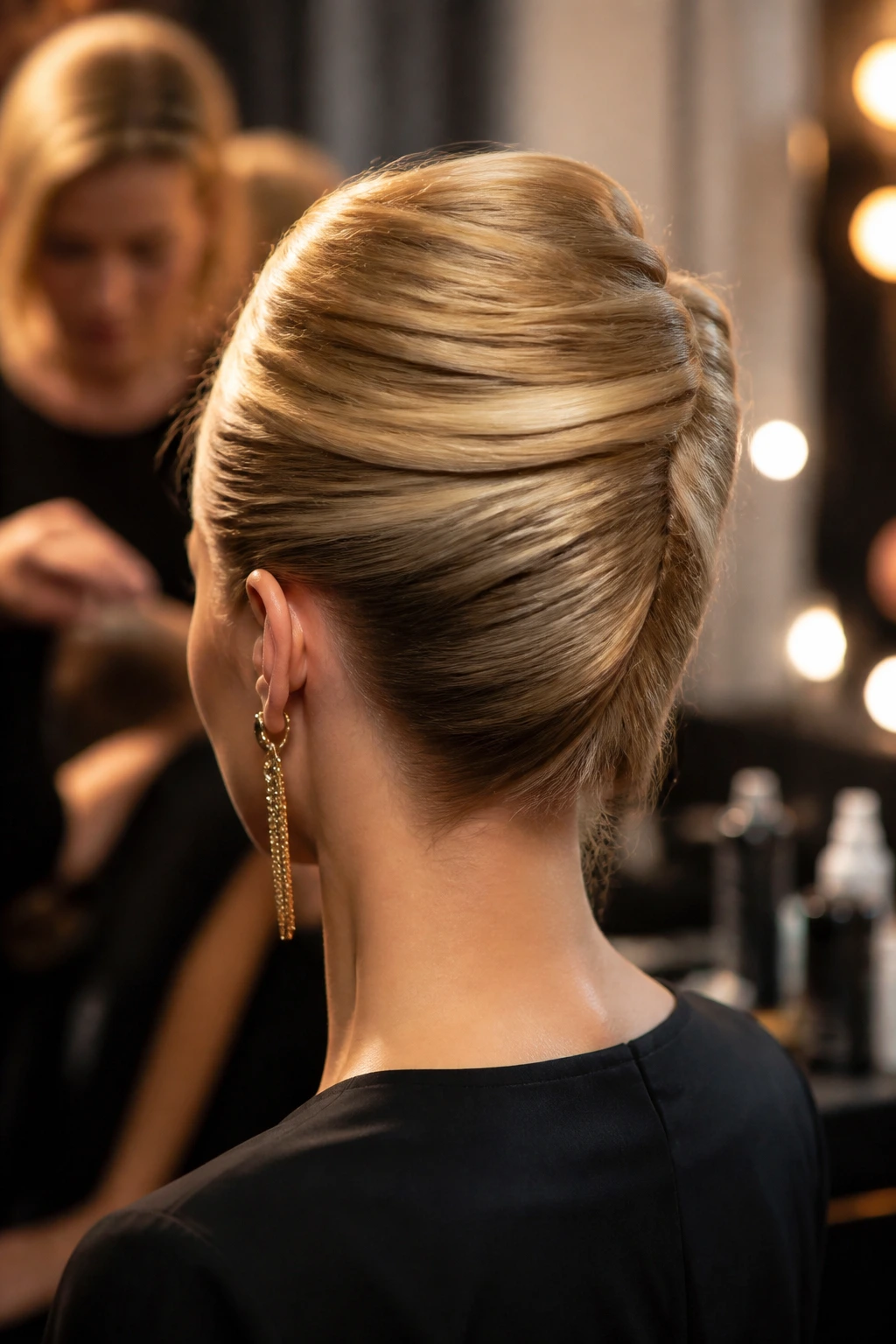 Medium close-up of a woman with a French twist ready ahead of the event, backstage setting