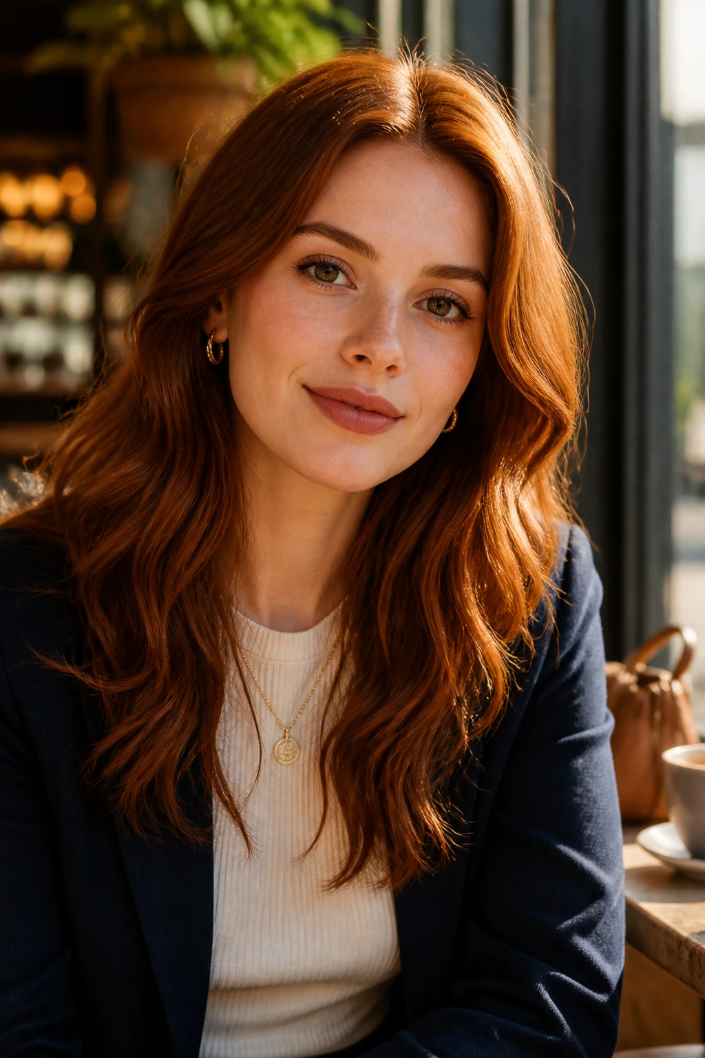 Portrait of a woman with red hair wearing complementary makeup and outfit in warm light