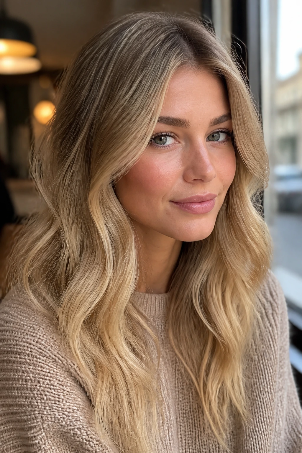 Close-up portrait of malt blonde hair on a real woman with beige tones in warm cafe light