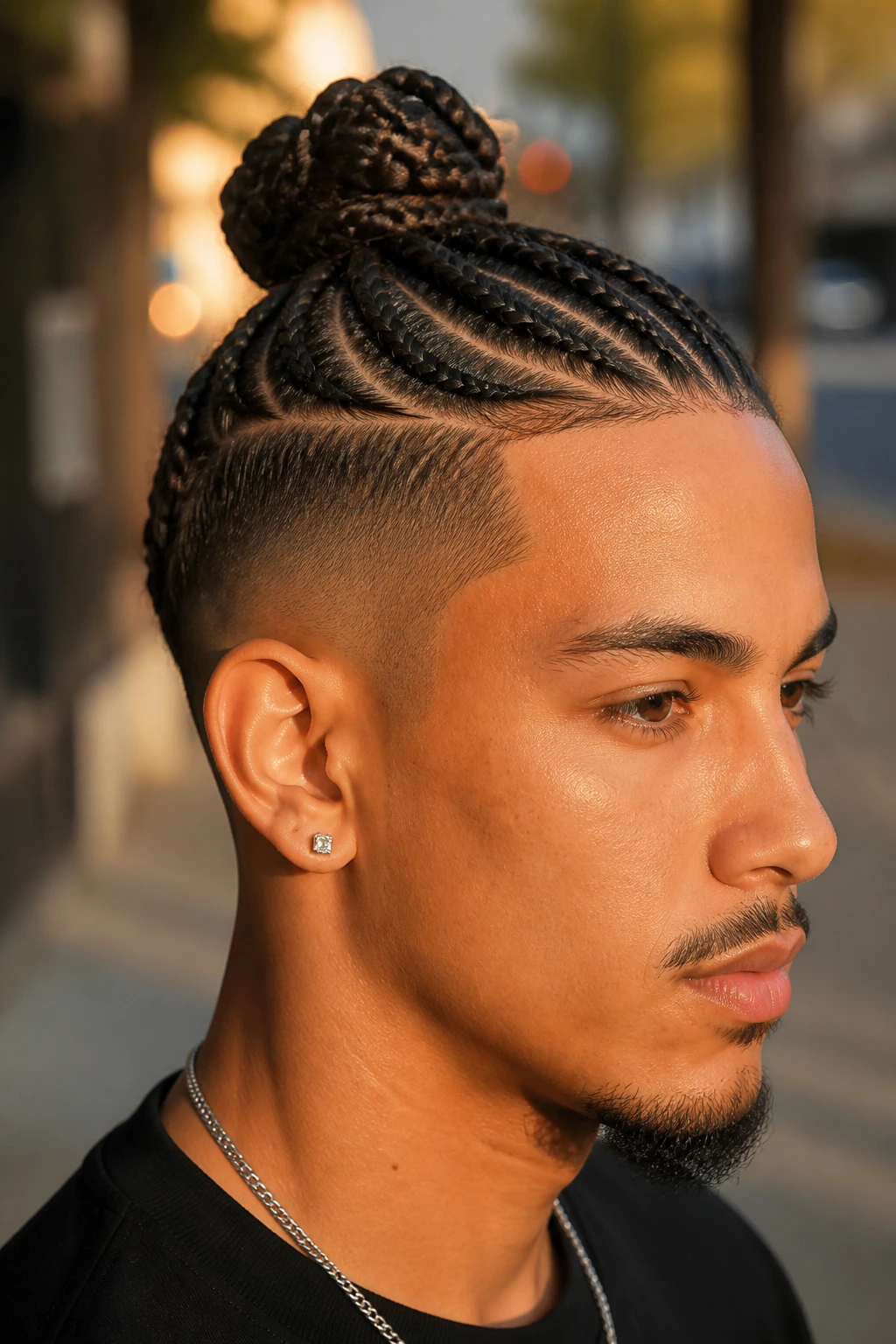 Close-up of a person with braids forming a clean bun at the crown in golden hour light