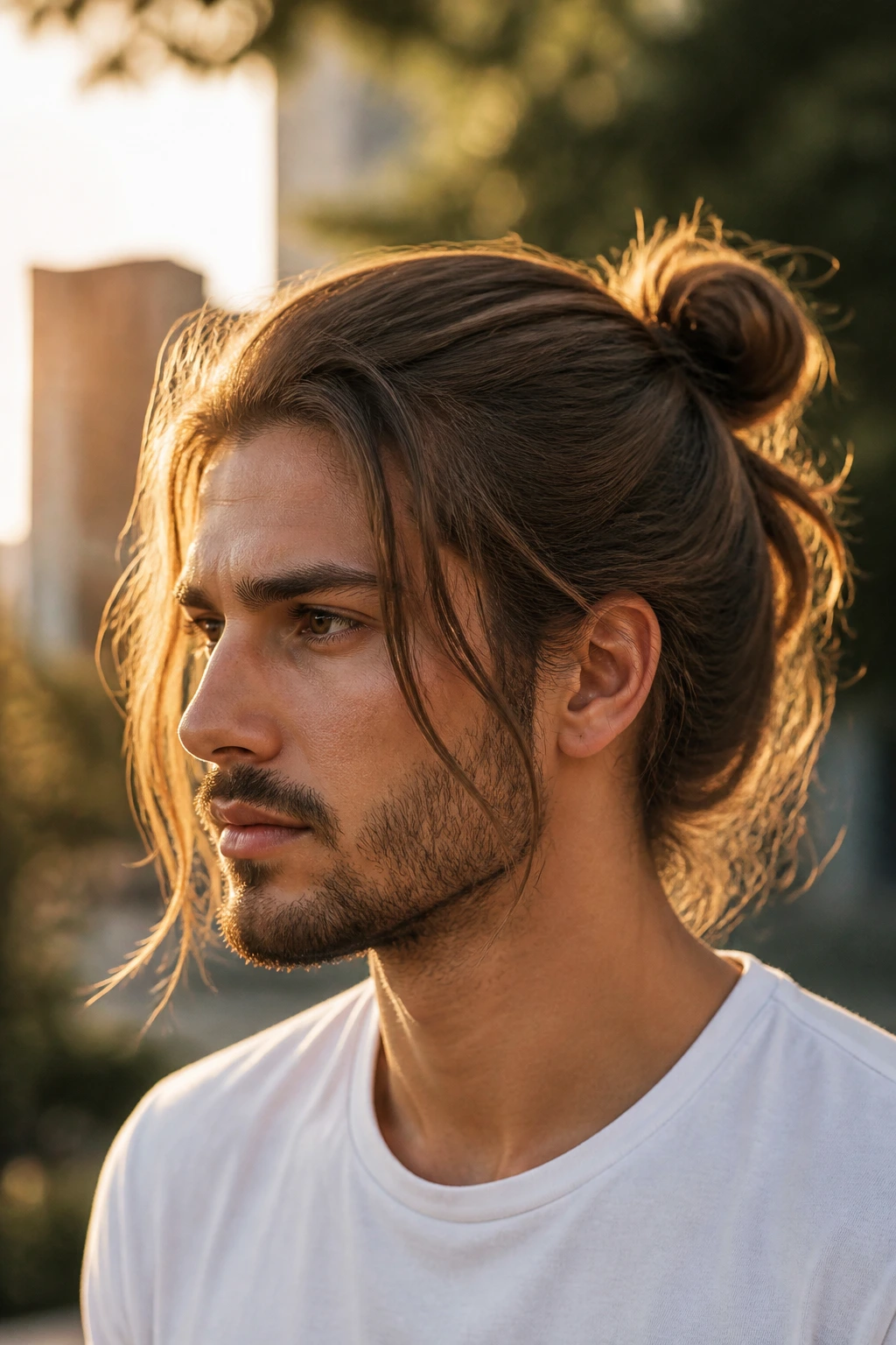 Portrait of man with a bun and face-framing length around the face