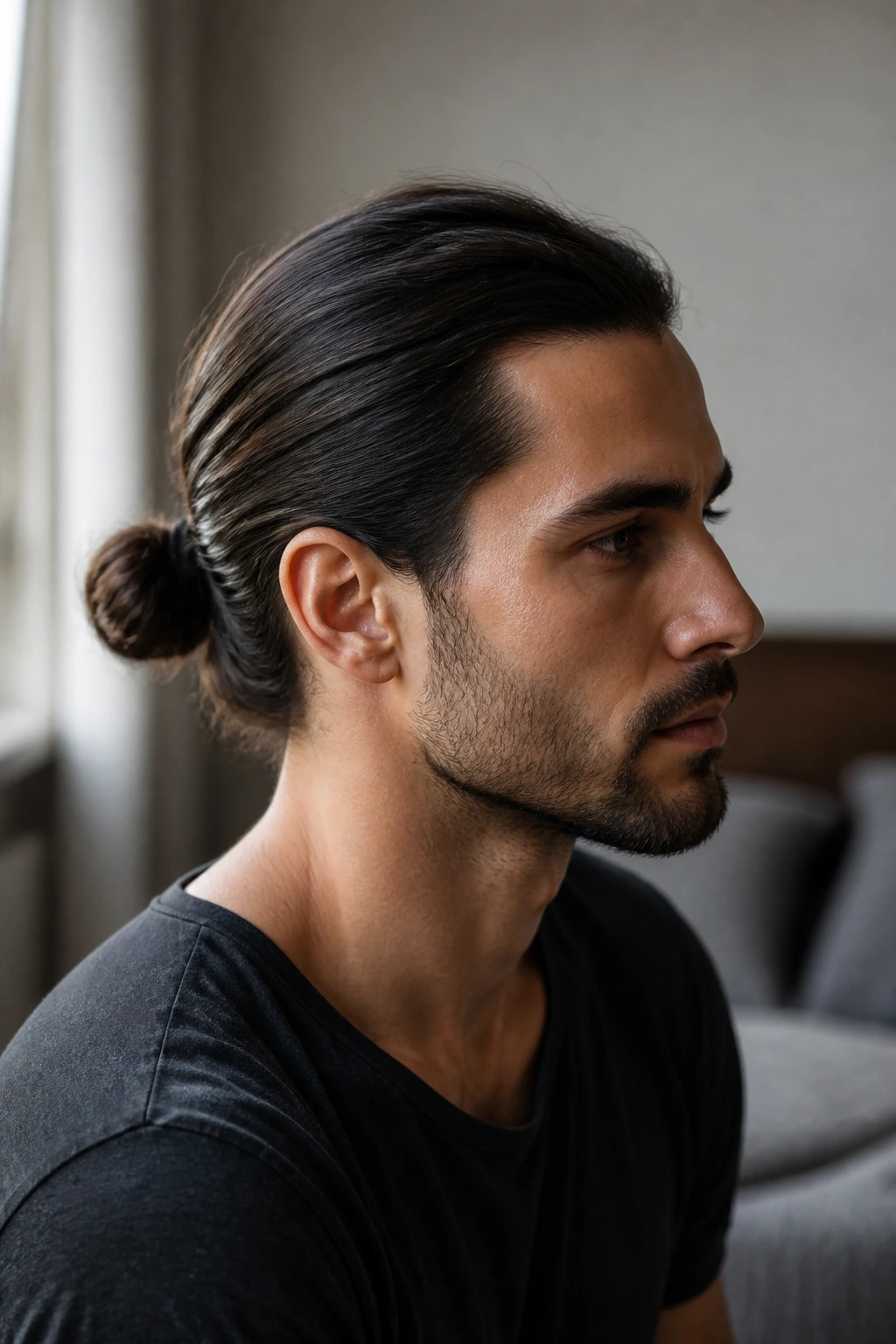 Close-up portrait of a man with a low bun hairstyle.