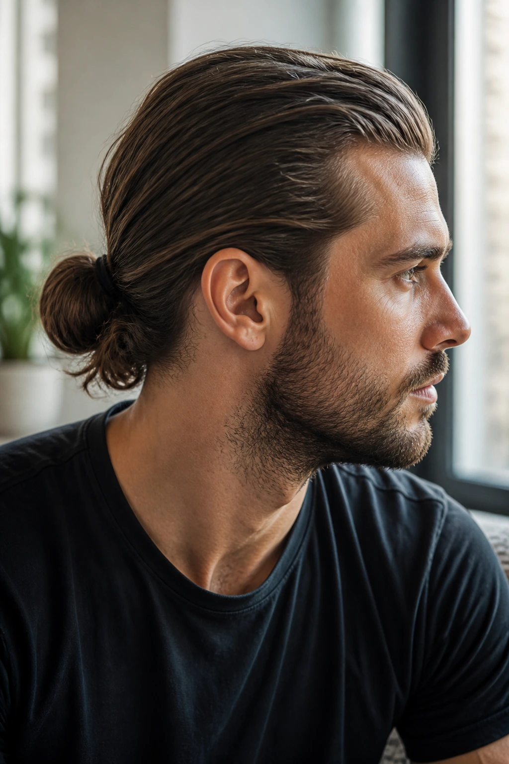 Close-up of a person with a low, loose man bun