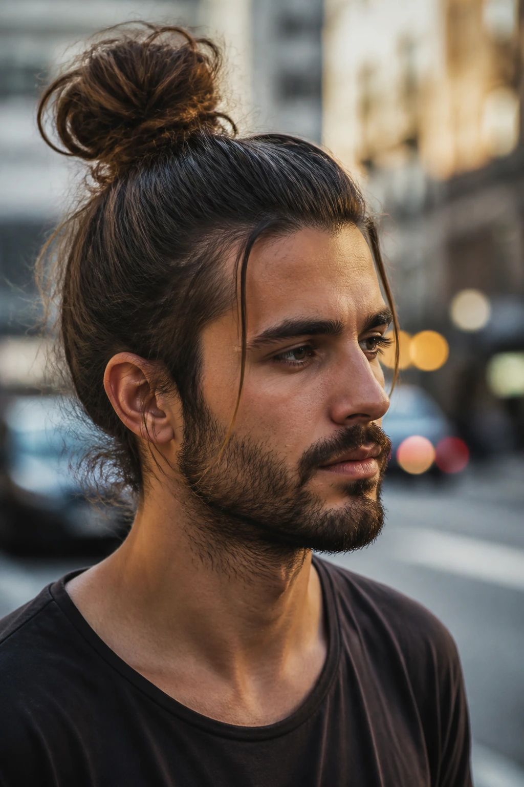 Close-up of a man with a relaxed man bun in outdoor natural light
