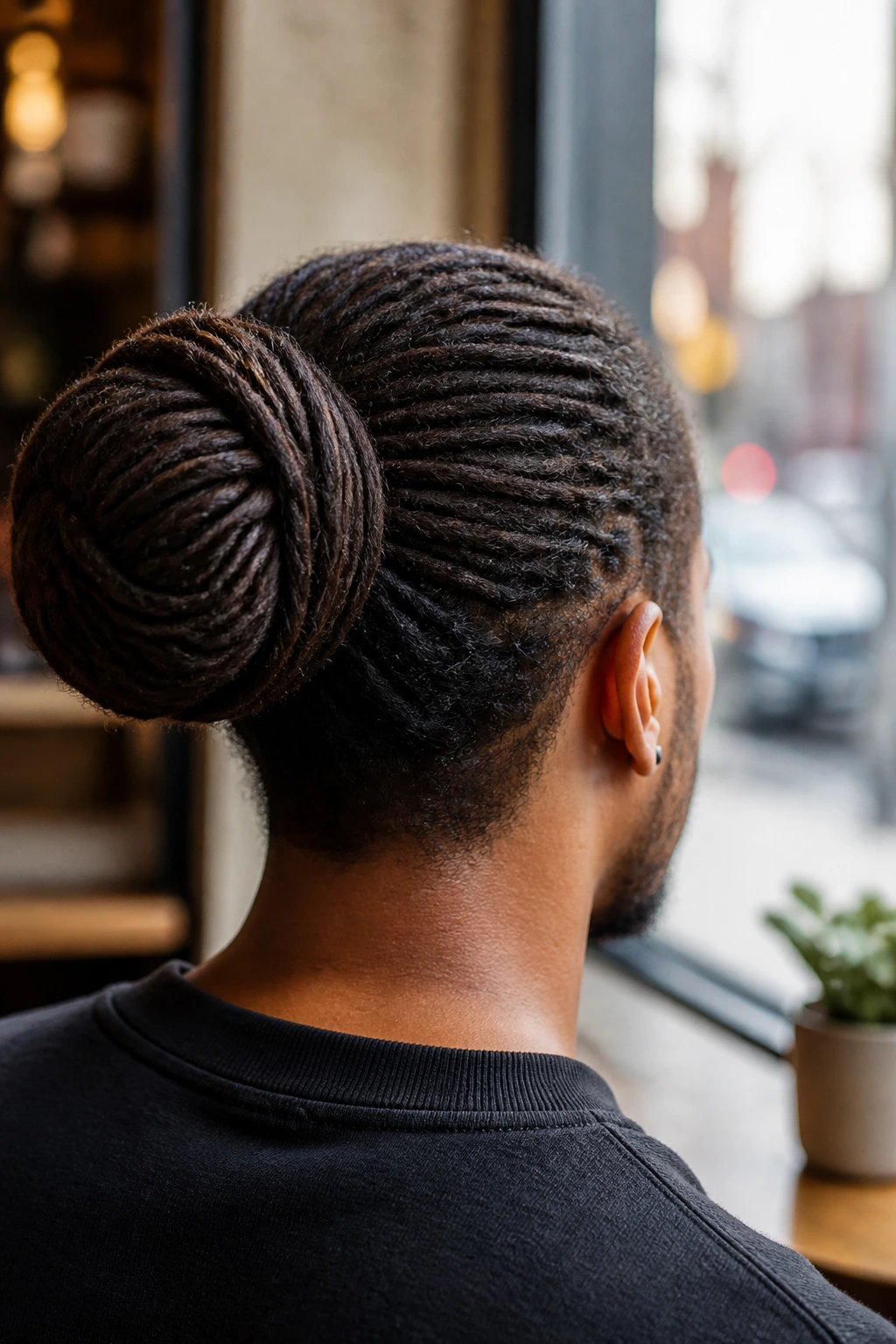 Rear view of a real man with a full man bun locs against a cafe window background