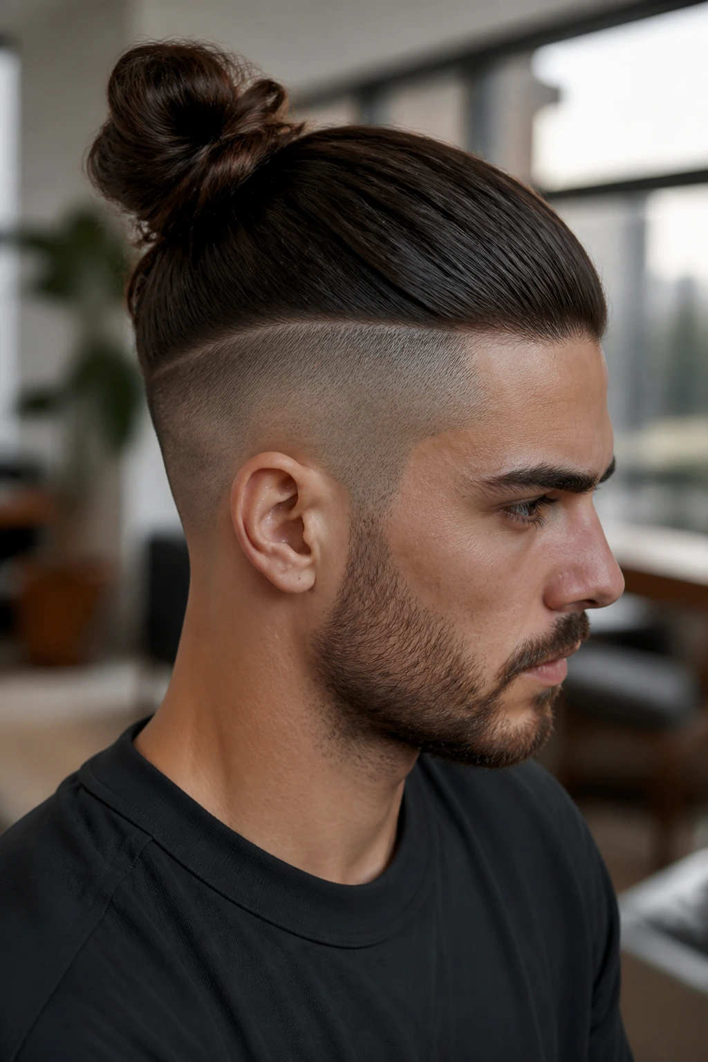 Portrait of a person with long hair in a man bun and undercut
