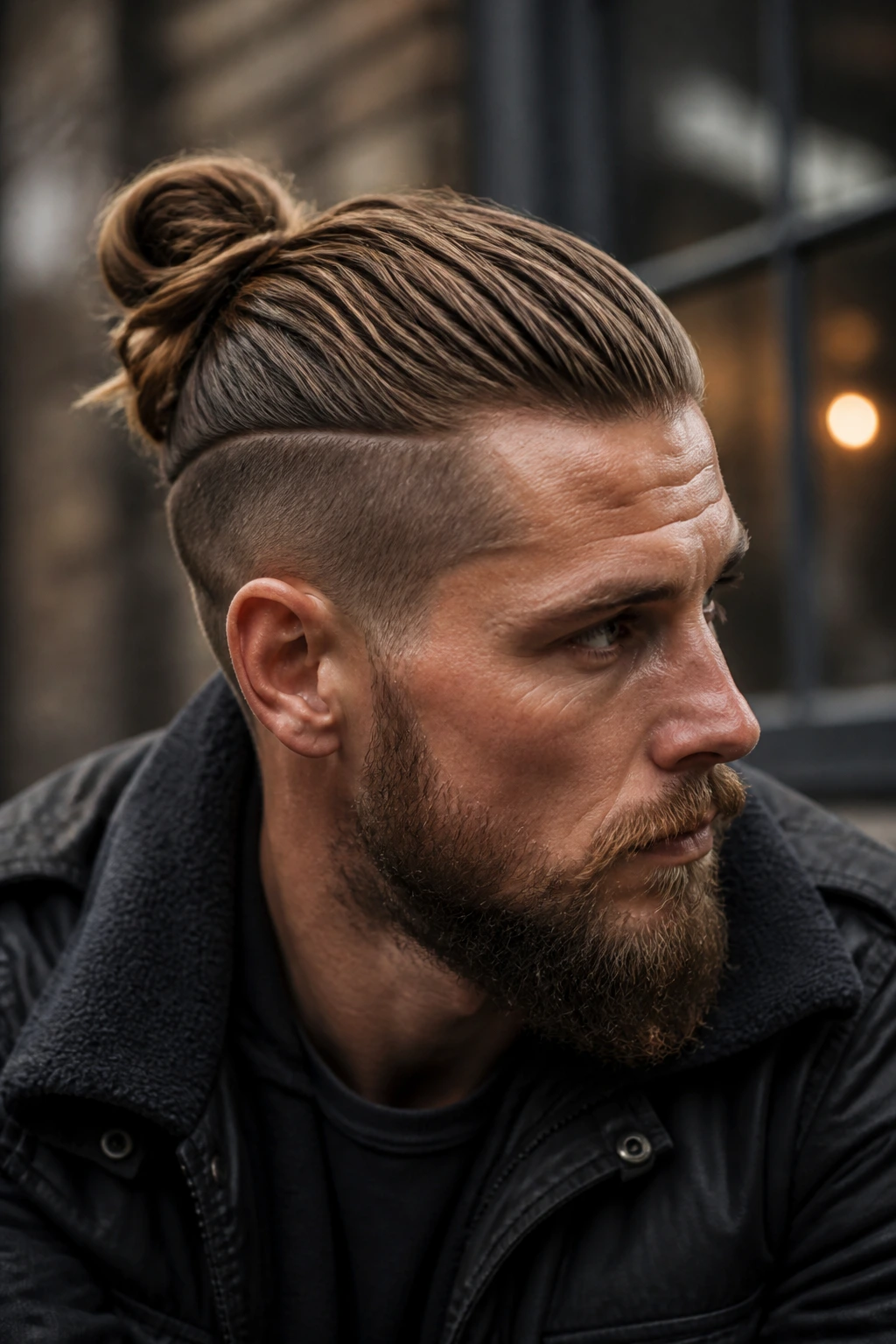 Man with large top knot and undercut in urban setting