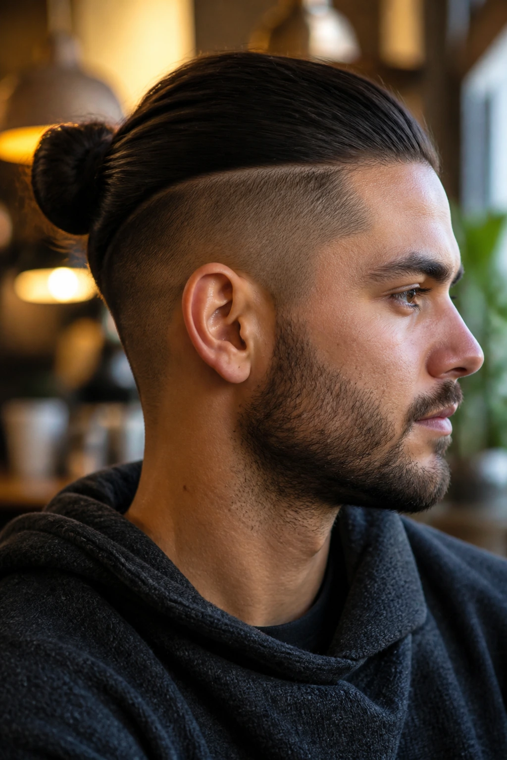 Close-up portrait of a person with a man bun and undercut.