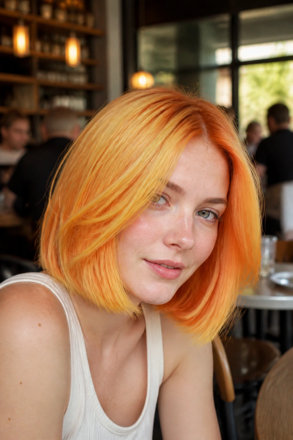 Close-up of a woman with mango sorbet orange lob hairstyle
