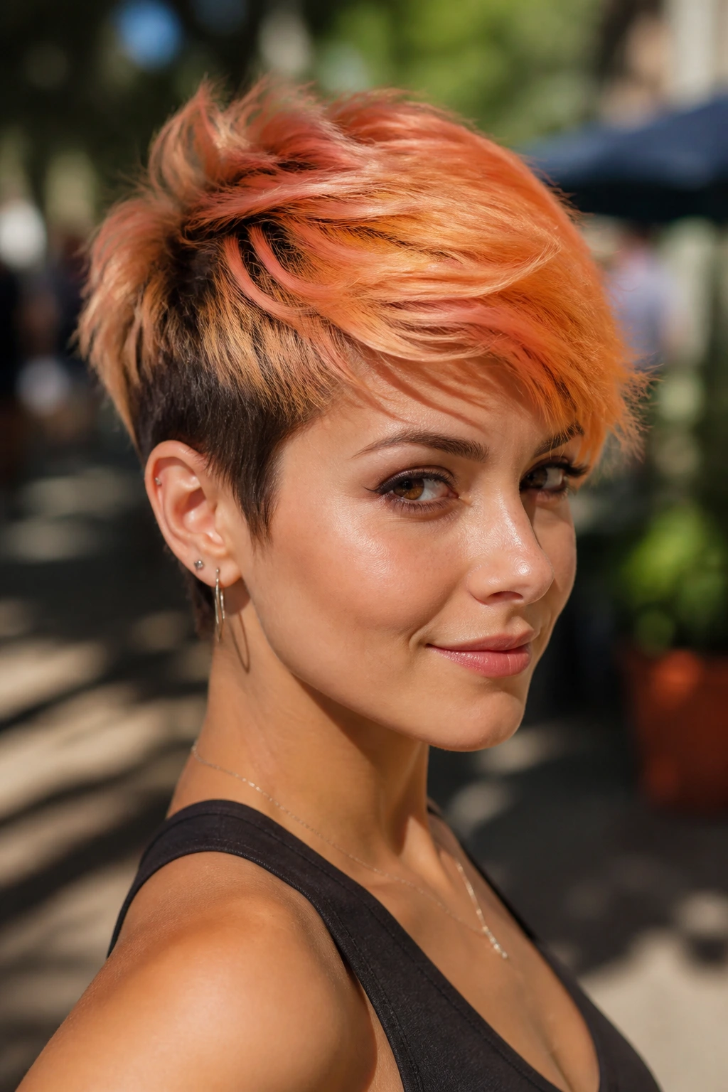 Portrait of a woman with a Mango Sorbet pixie in sunny outdoor light