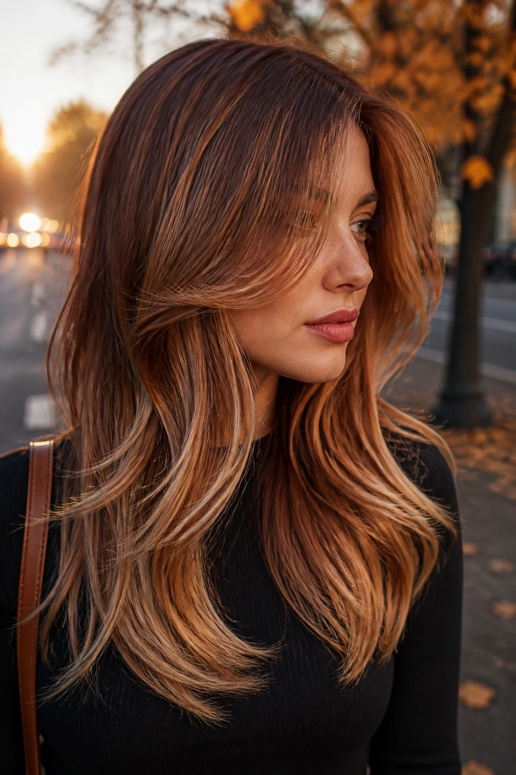Close-up of woman with maple amber layered hair catching light