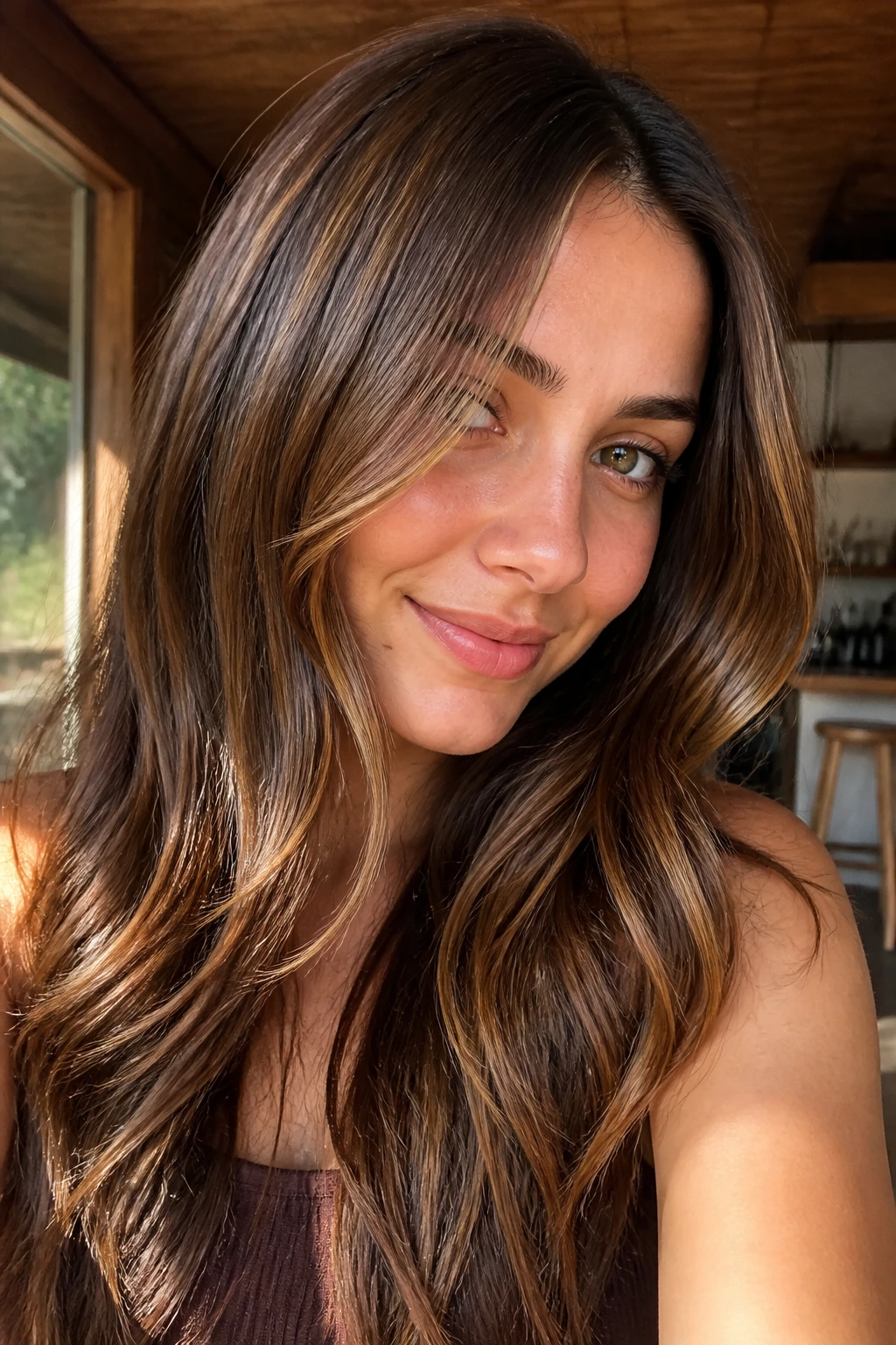 Close-up of chestnut brown hair with maple babylights.