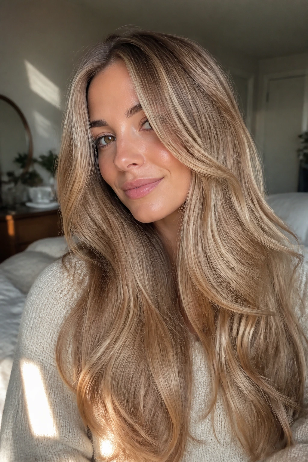 Close-up portrait of a real woman with Maple Biscuit Blonde highlights on thick hair.