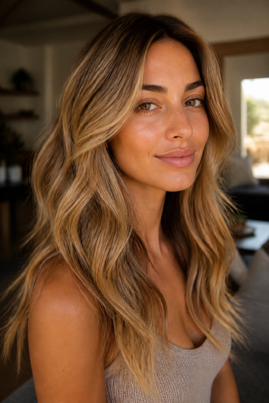 Close-up of a real woman with maple blonde hair and warm depth in a cozy living room