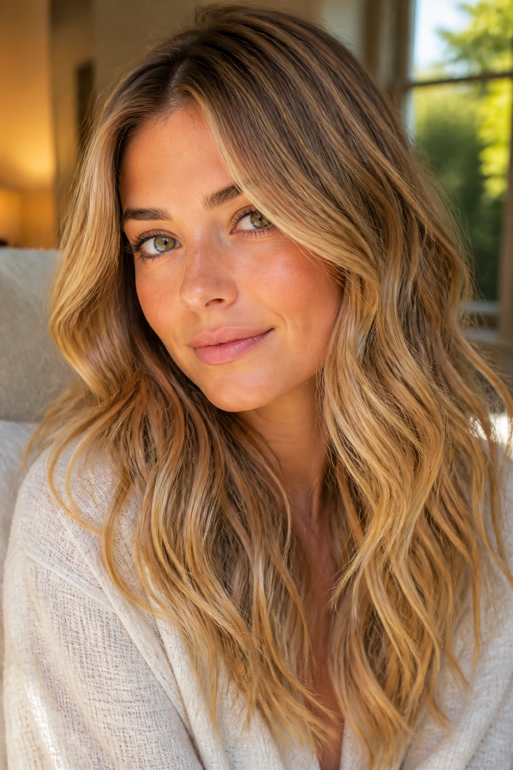 Close-up portrait of a real woman with sunkissed maple blonde wavy hair catching warm window light