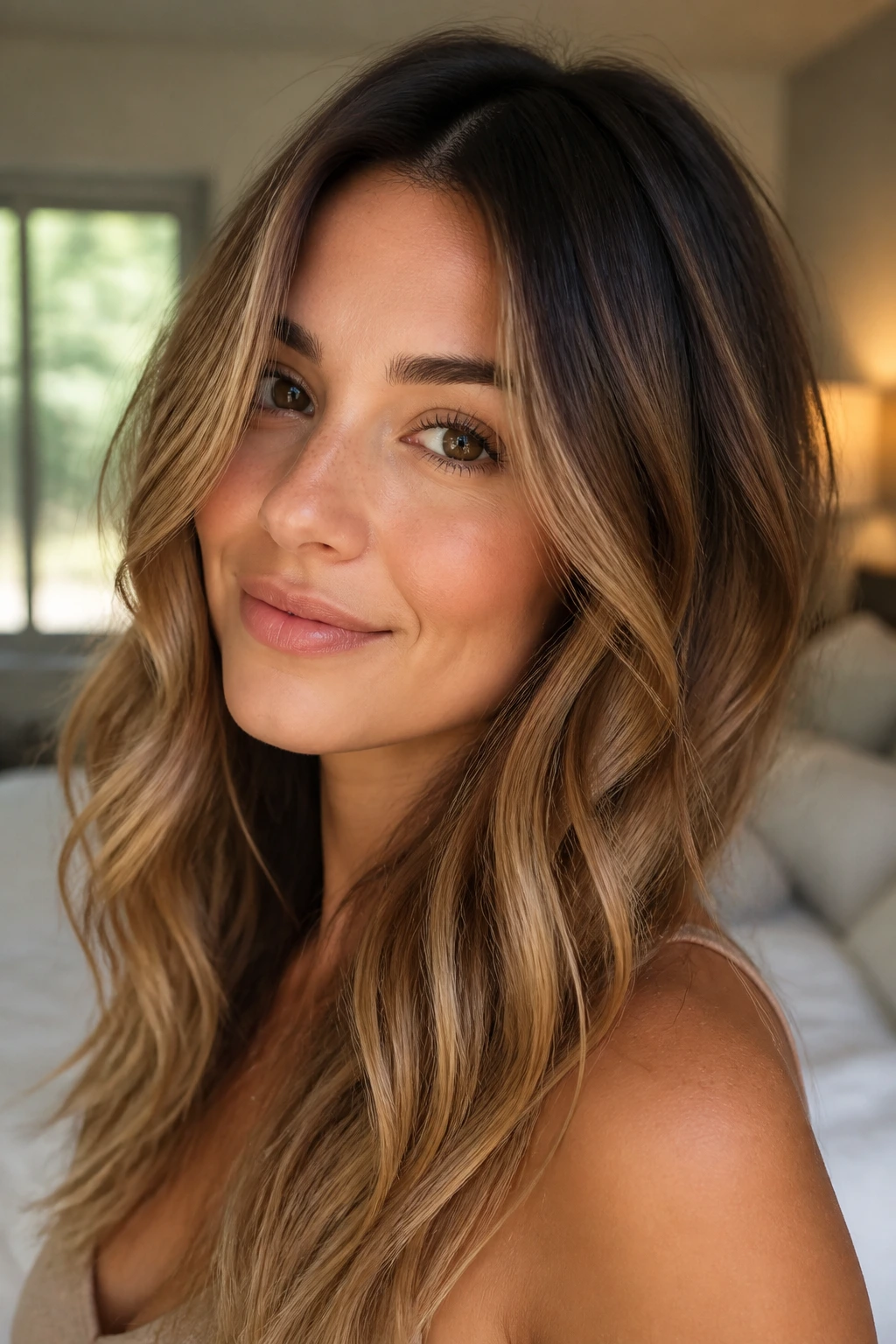 Close-up of a real woman with maple-bronde balayage hair framing her face in warm light