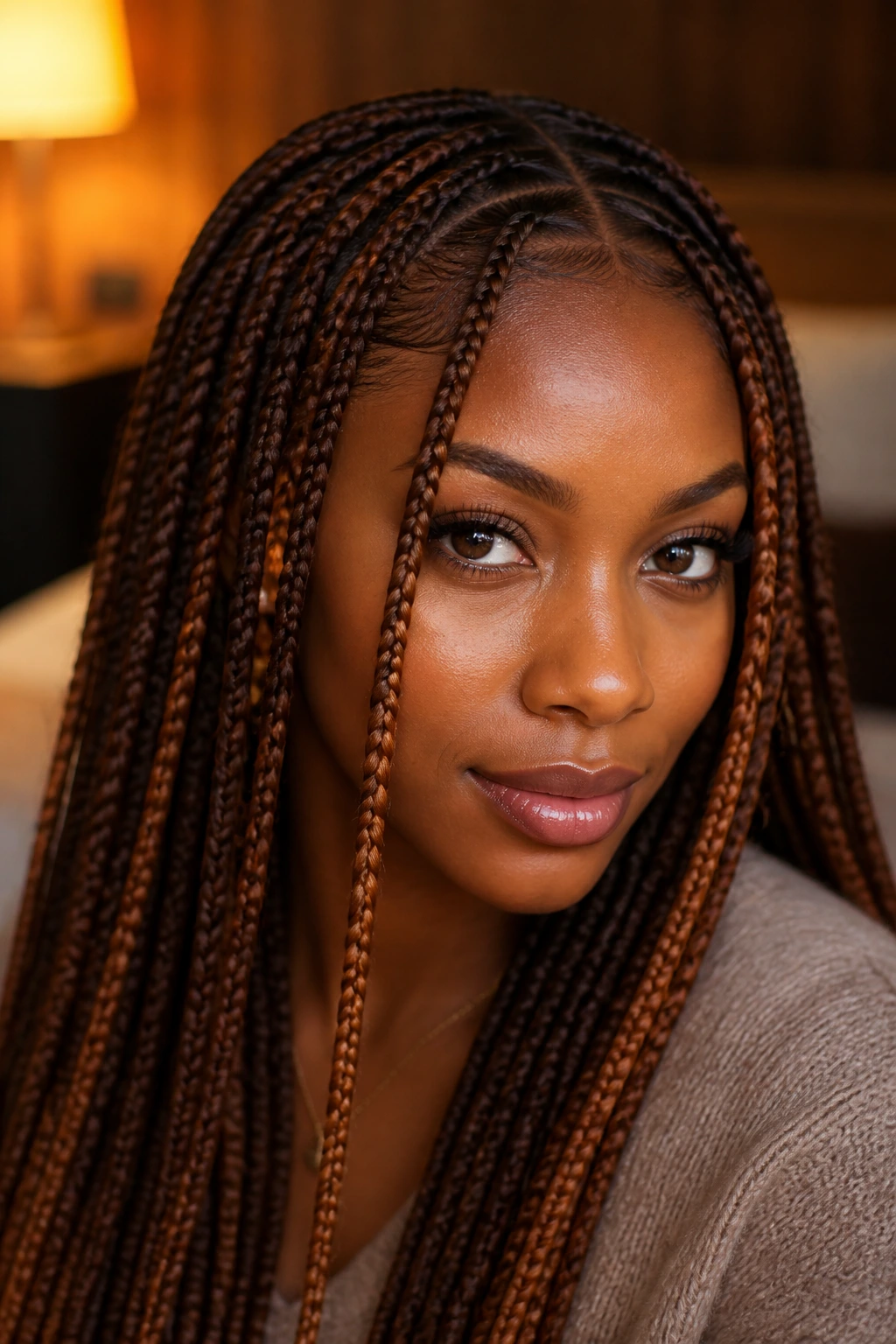 Portrait of a person with maple brown accent braids framing the face