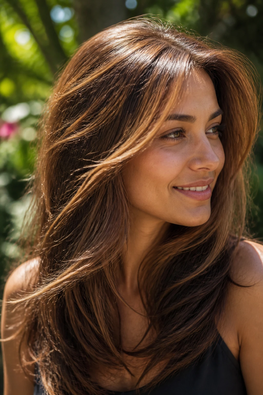 Close-up of a real woman with maple brown hair and amber crown pieces in sunny outdoor light.