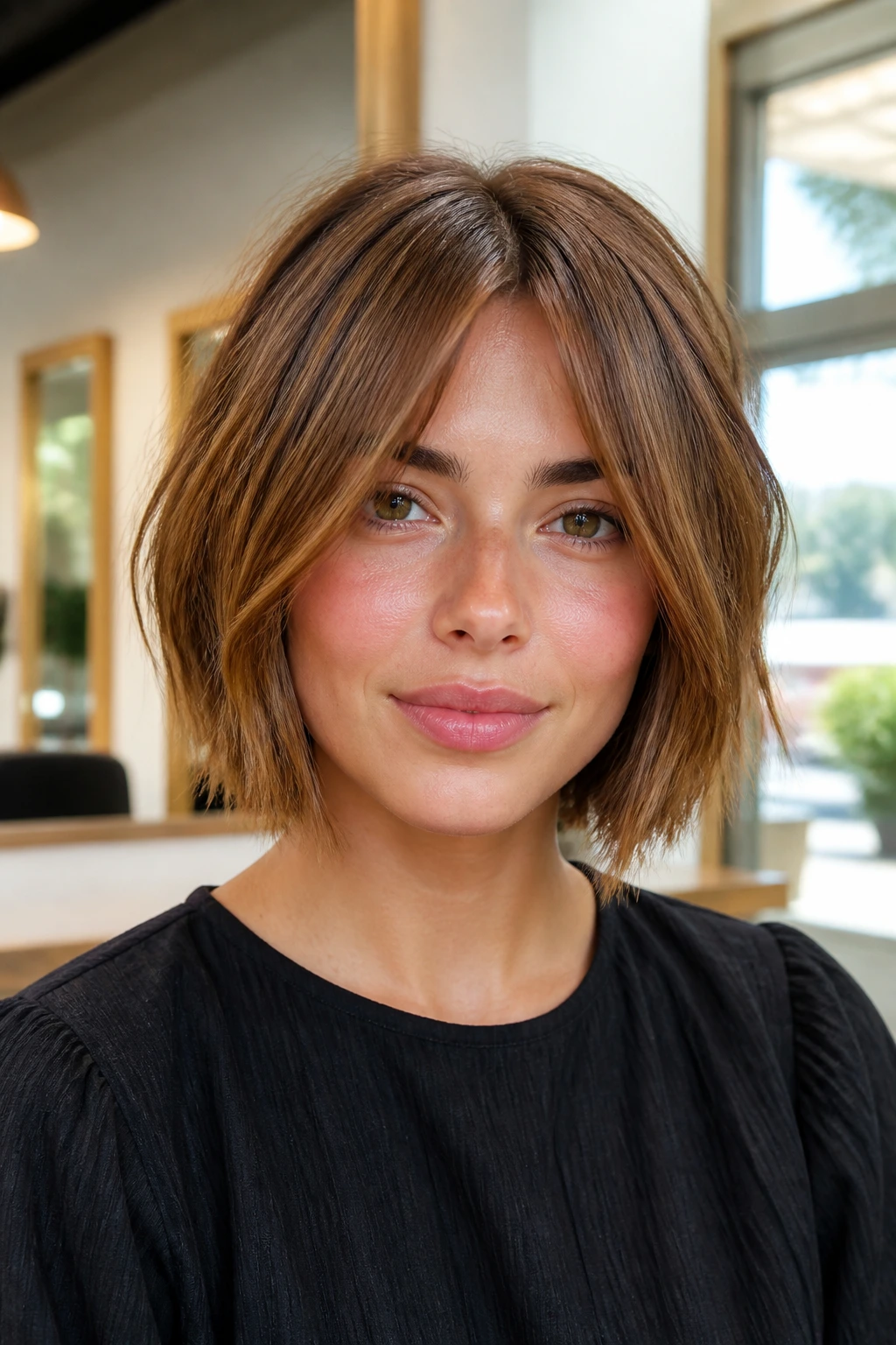 Close-up portrait of a real woman with Maple Brown Blunt-Choppy Bob featuring warm honeyed tones.