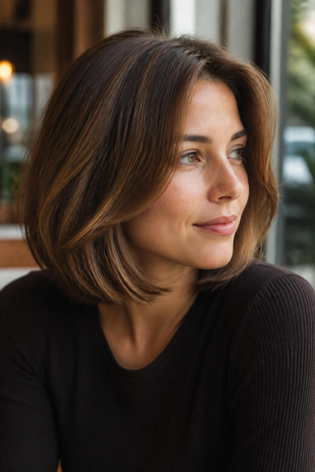 Close-up portrait of a real woman with a maple brown bob feathered ends