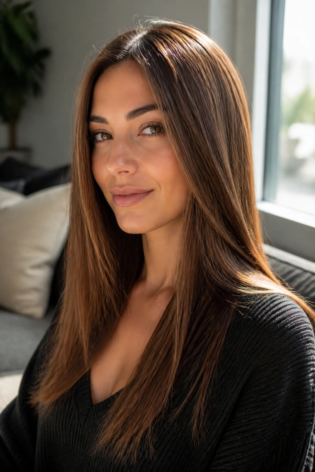 Close-up portrait of a real woman with maple brown hair showing caramel warmth