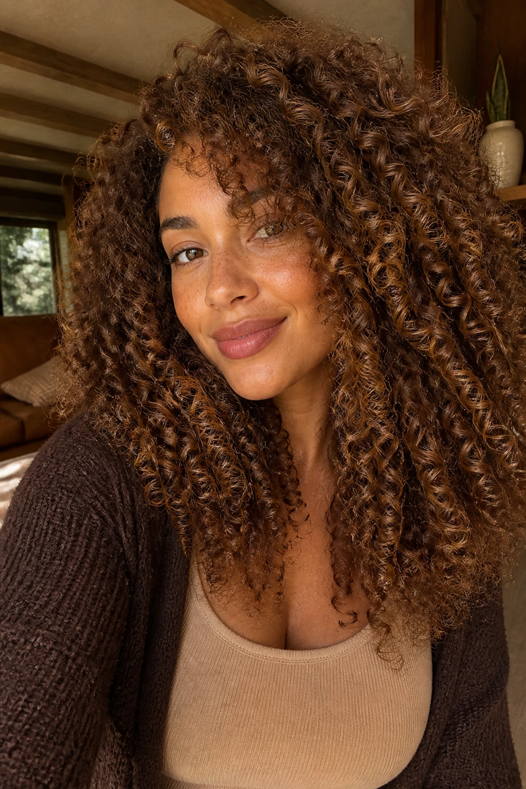 Close-up portrait of maple brown curls on a real person with thick hair