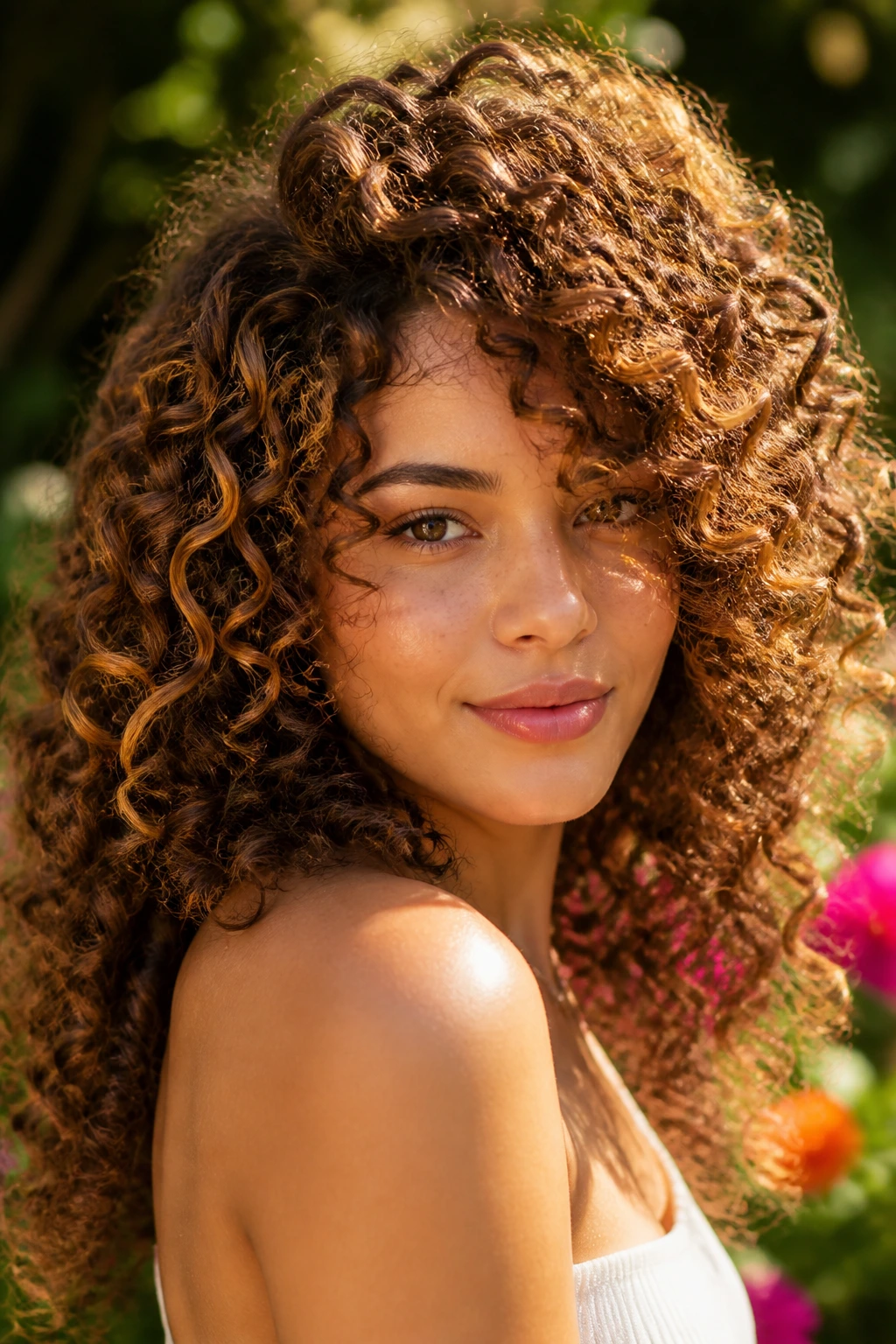 Close-up of a real woman with maple brown curls and amber tones