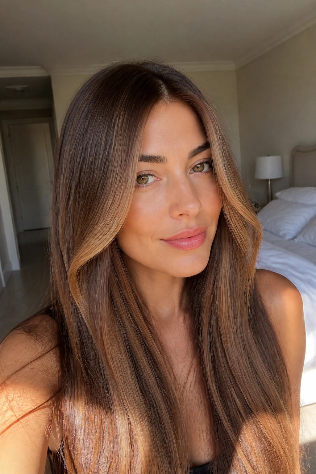 Close-up of maple brown hair with face-framing brightness on a real person