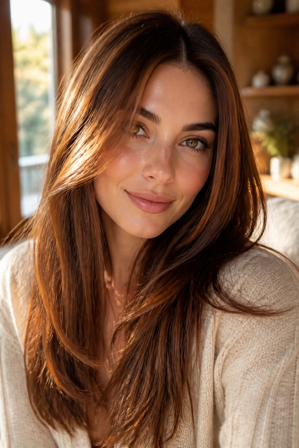 Close-up of a real woman with maple brown hair and syrupy warm glow by a sunlit window
