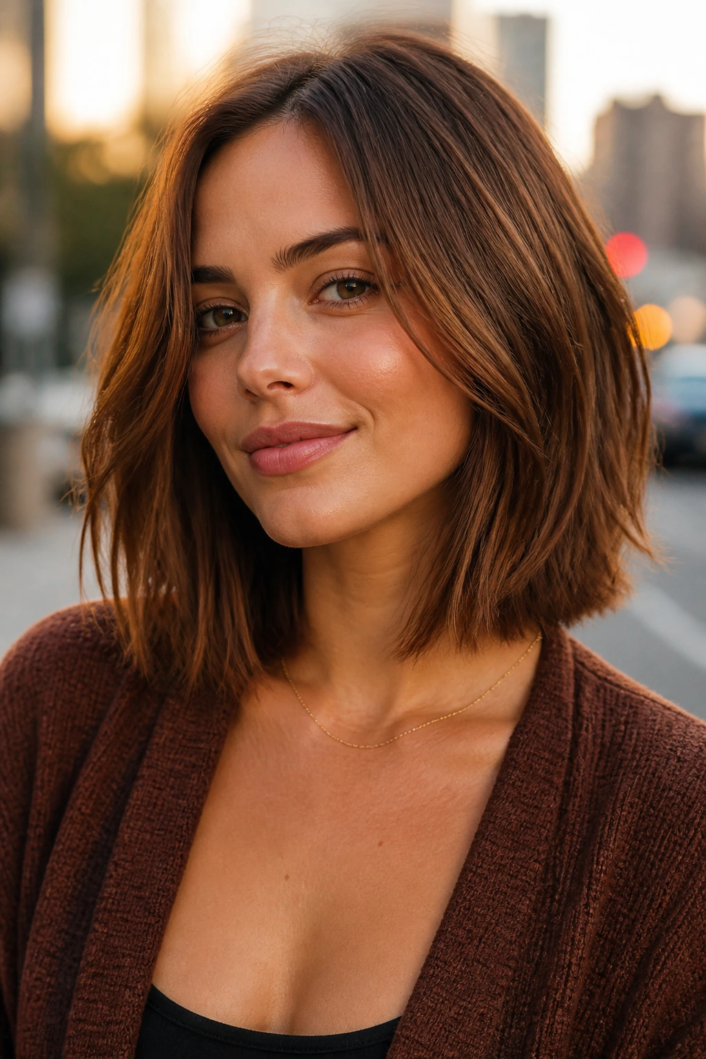 Close-up of a real woman with maple brown lob and textured ends