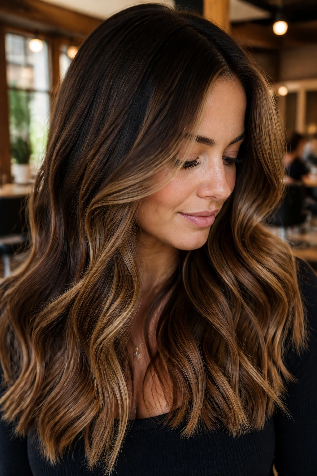 Close-up of maple brown melt hair with coffee roots, maple midtones, and light ends
