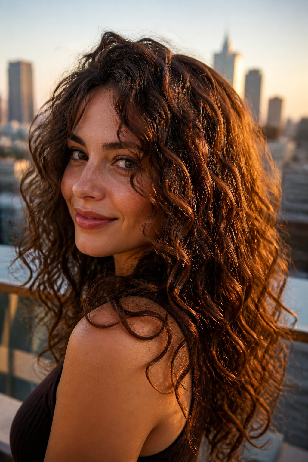Close-up of a real woman with maple brunette hair and copper flickers