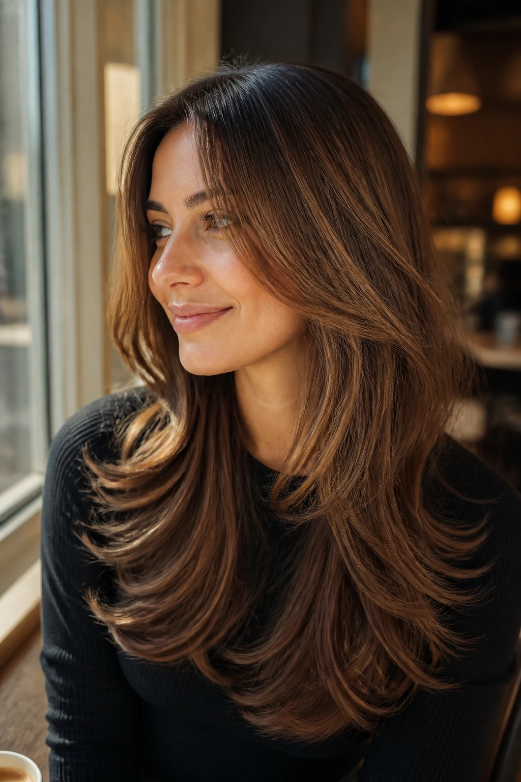 Real woman with maple brunette feather cut featuring feathered ends and long layers.