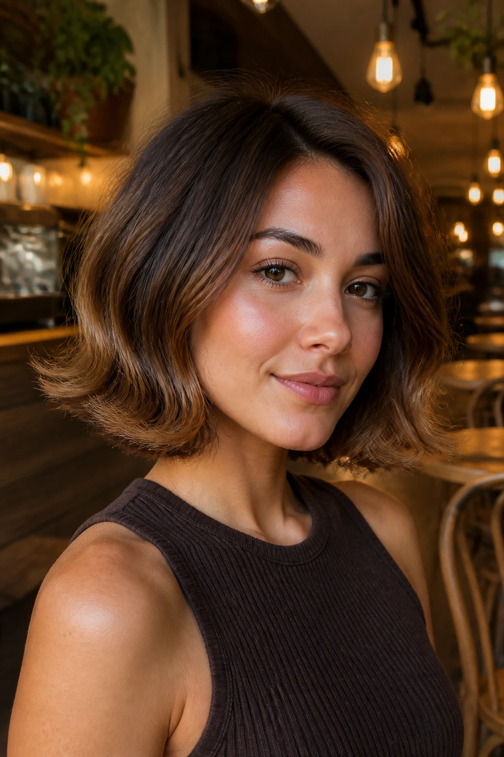 Close-up portrait of a real woman with maple brunette flip-out bob in a warm cafe