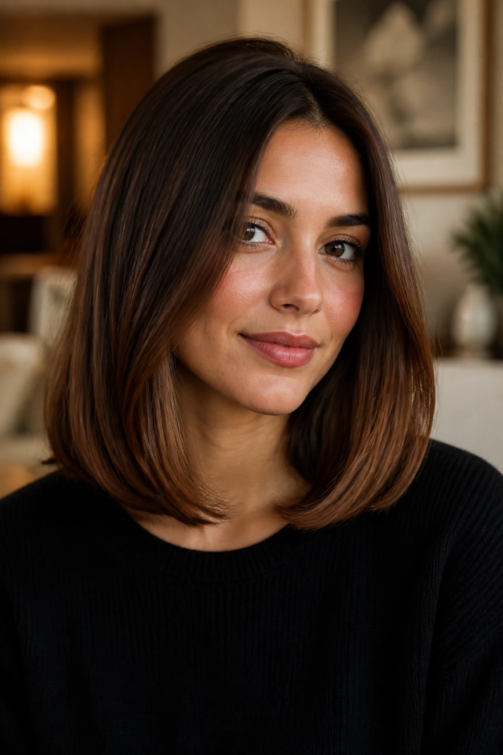 Shoulder-length maple brunette with tucked ends on a real person.