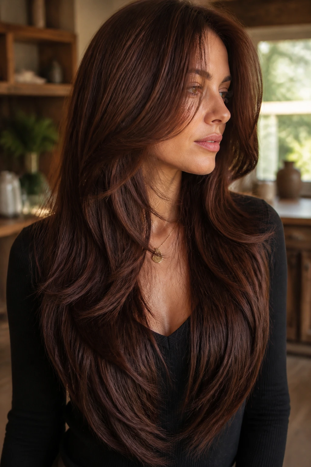 Real woman with maple brunette V-cut layered hair in sunlit room