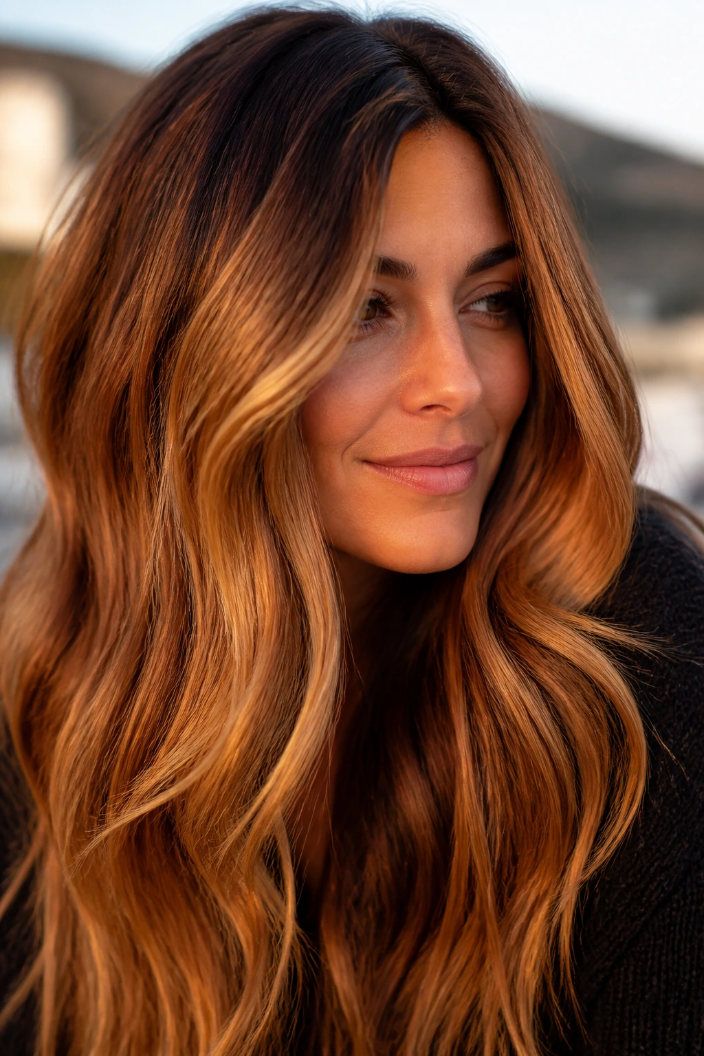 Close-up of a real woman with maple caramel and dimensional roots in golden hour light