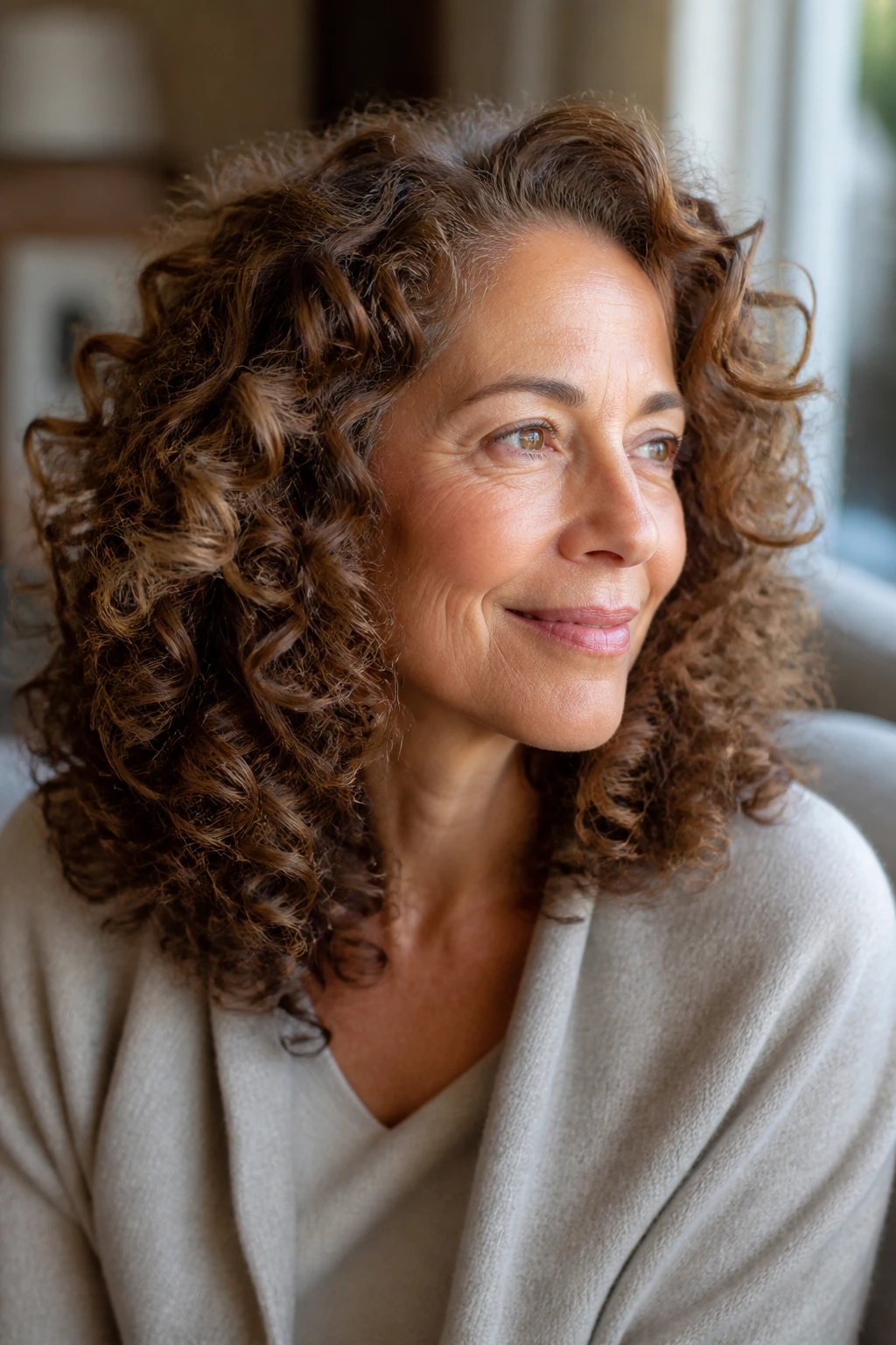 Close-up of a real woman with maple chestnut brown curls in warm living room light
