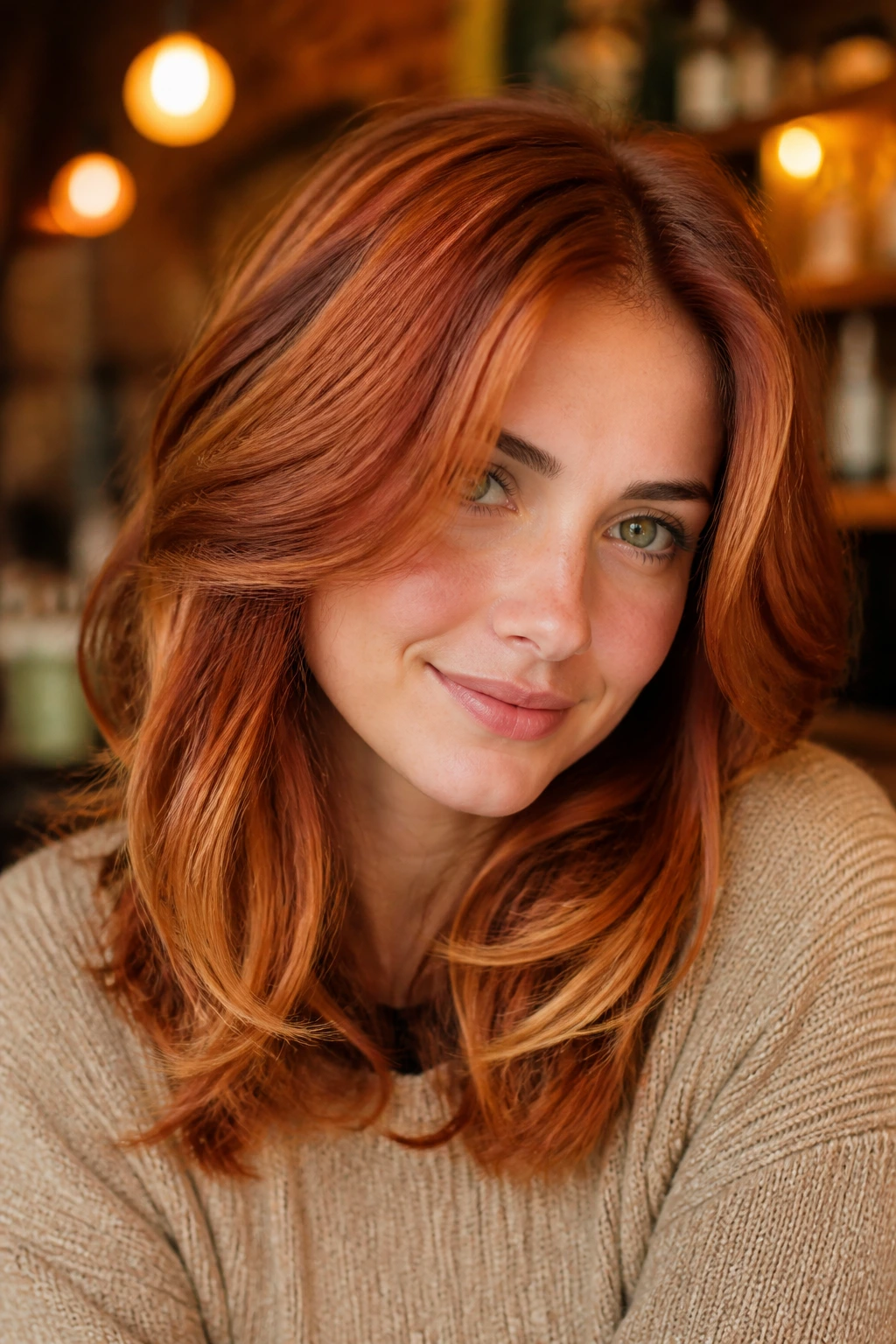 Close-up portrait of a real woman with maple copper layered hair in a cafe setting