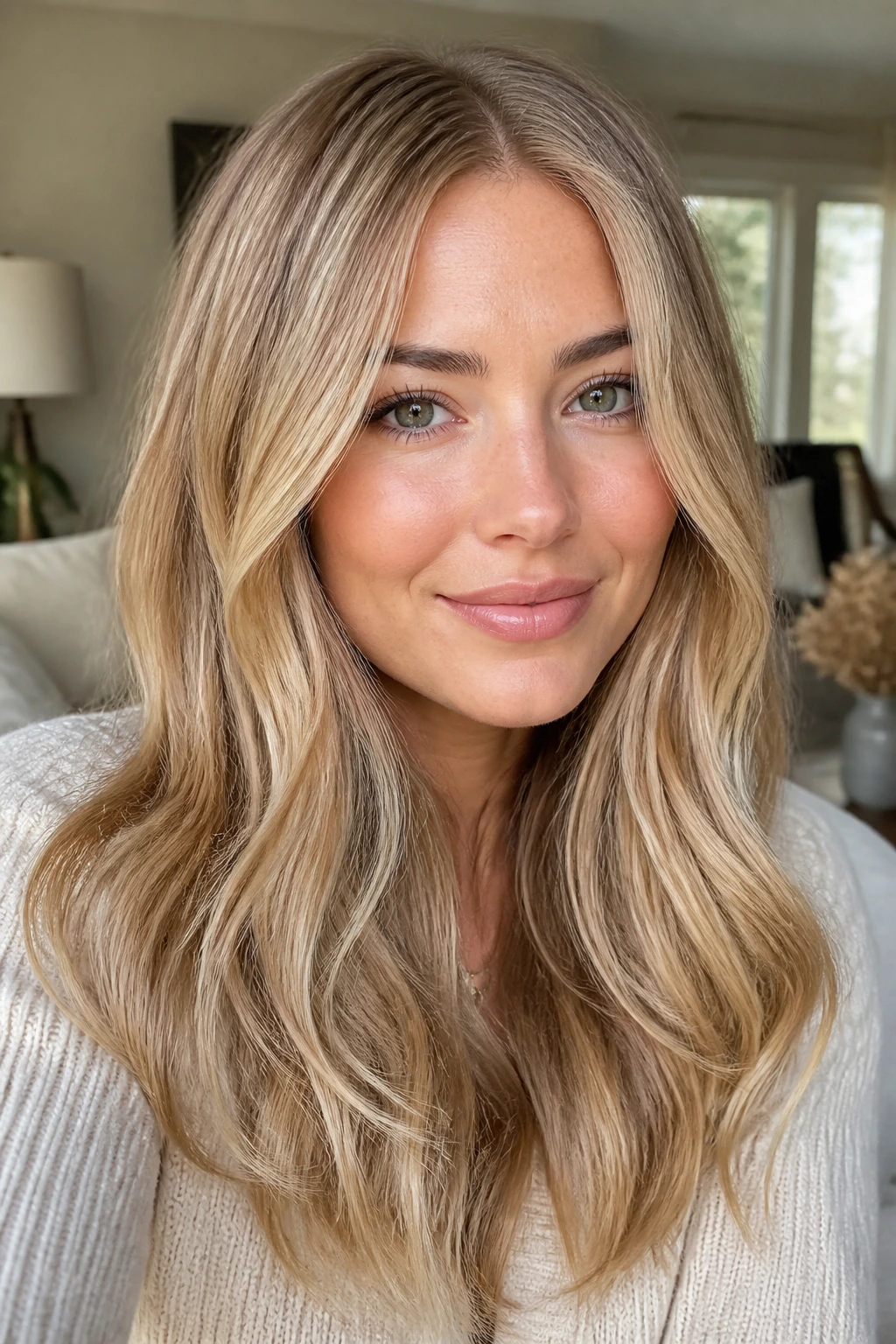 Portrait of real woman wearing maple cream blonde with maple warmth