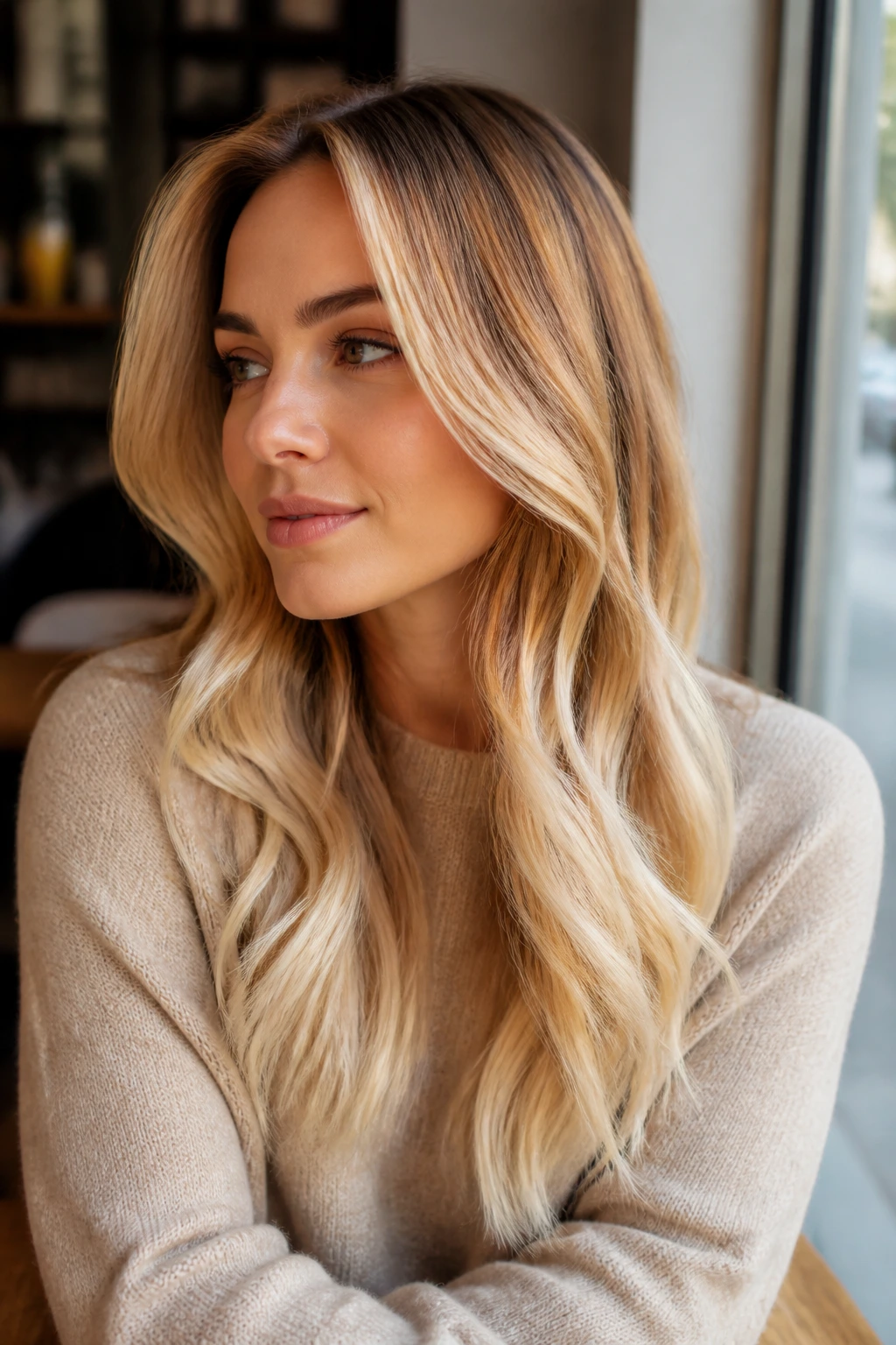 Close-up of a real woman with Maple Cream Blonde hair in cafe window light