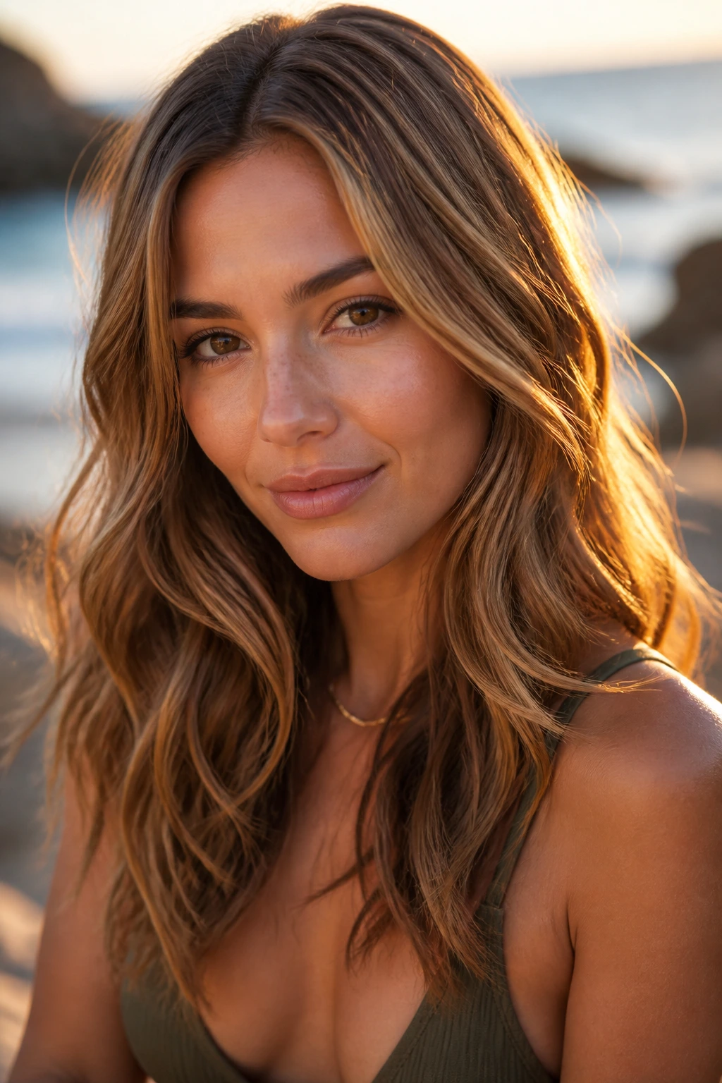 Close-up portrait of a real woman with maple gold blonde hair in golden hour light