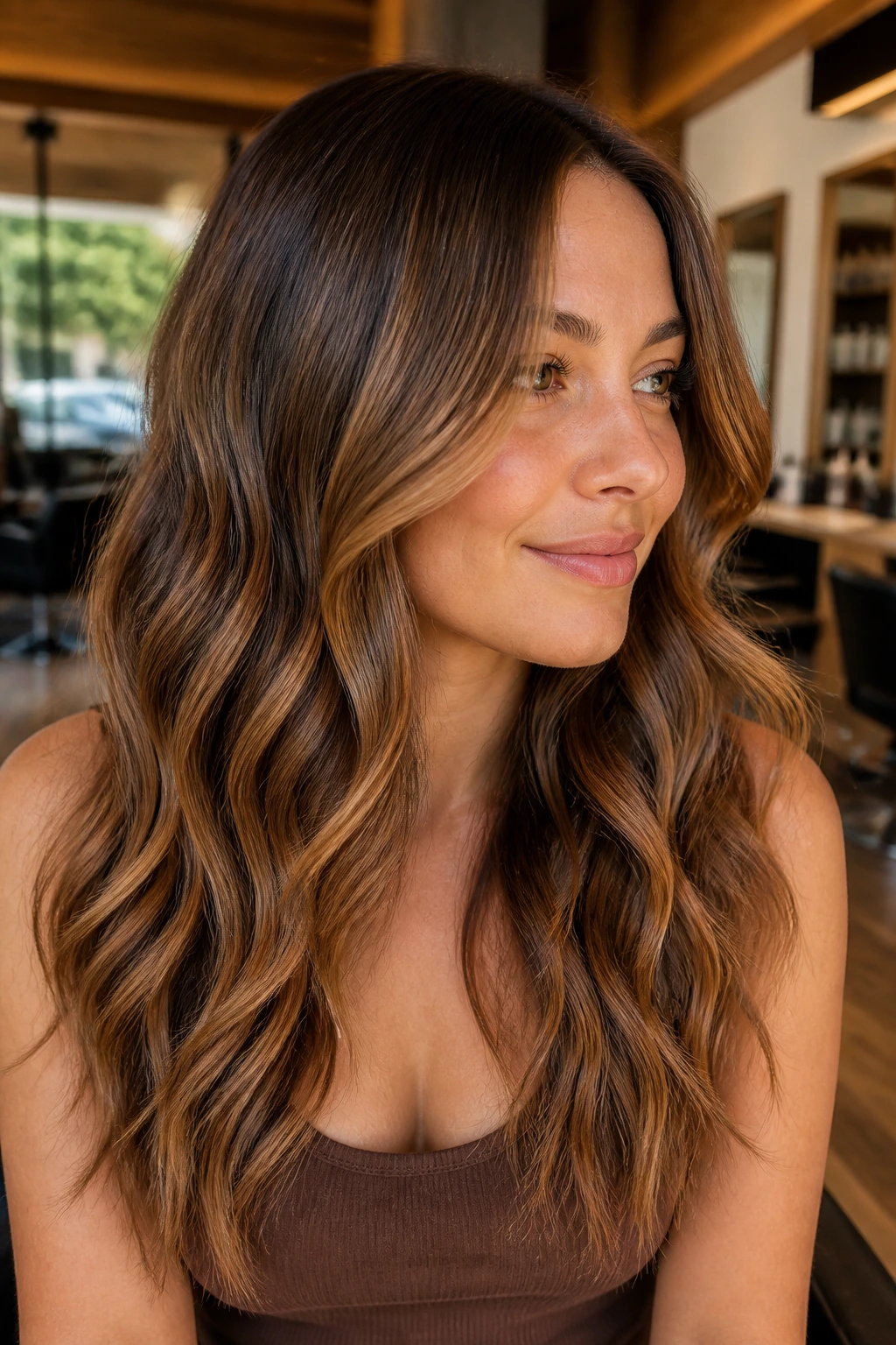 Real woman with maple latte balayage on brunette hair