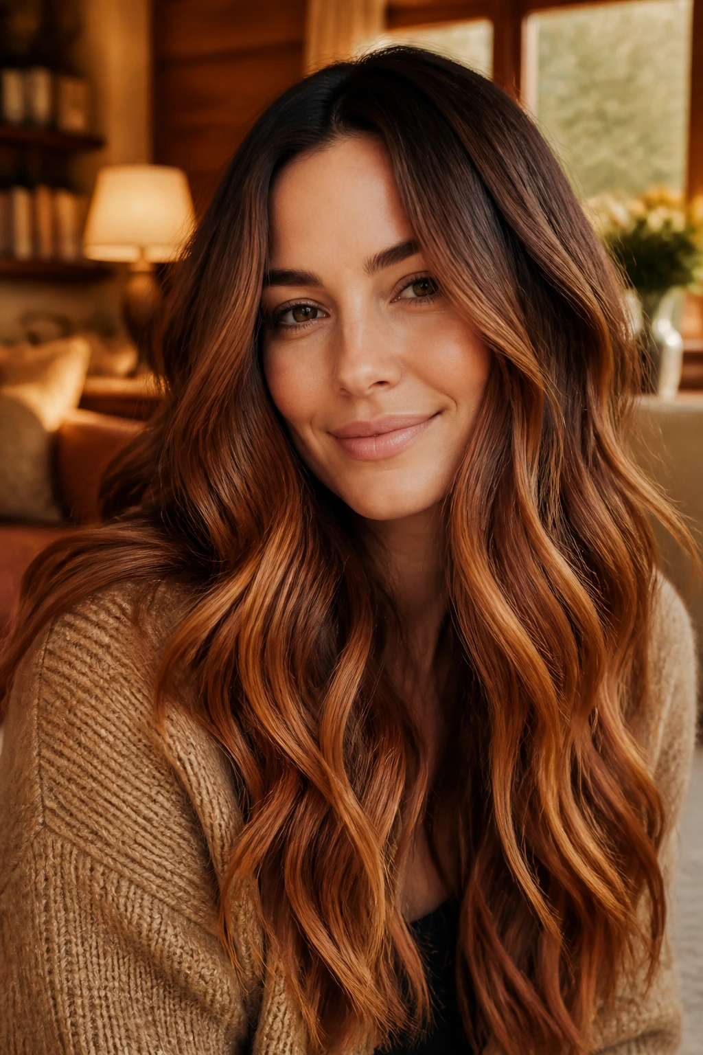 Close-up of brunette with maple melt gradient from root to ends
