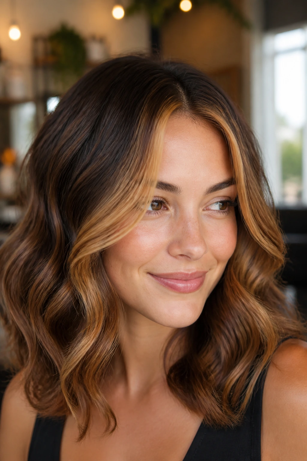 Close-up portrait of real woman with maple money piece on wavy hair in warm light