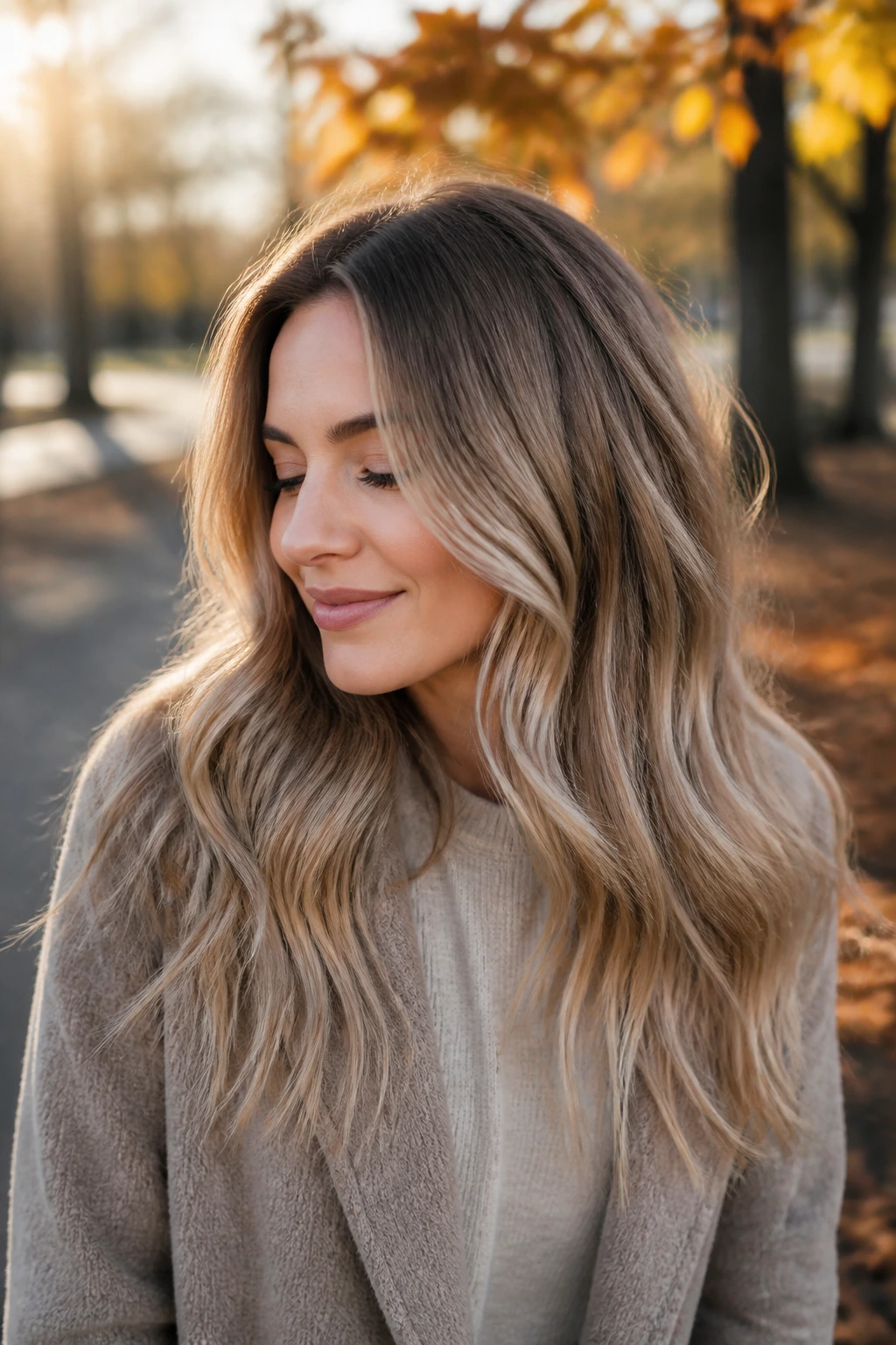Portrait of a person with maple smoke blonde hair in autumn light