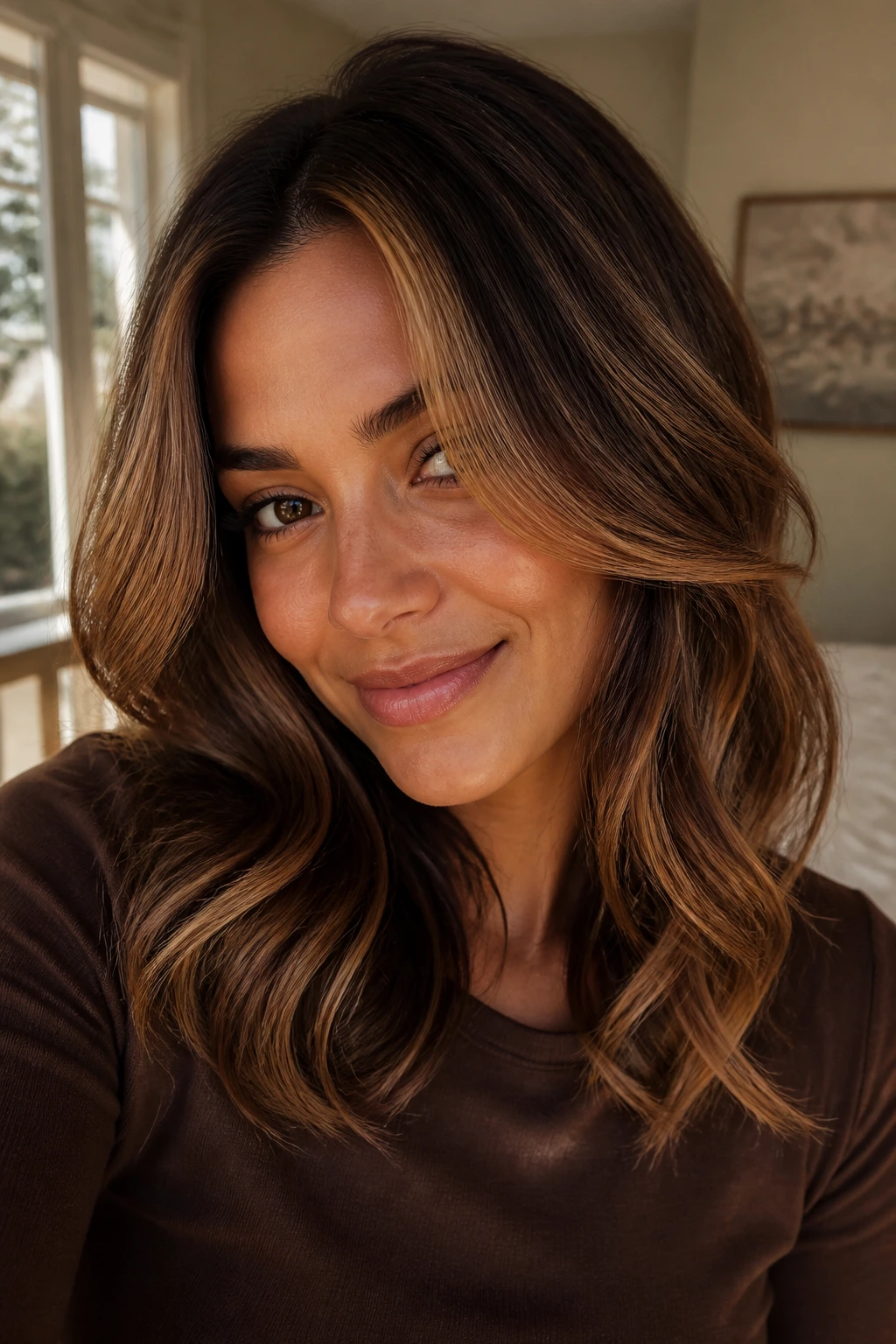 Portrait of warm brunette with maple swirl highlights around the face